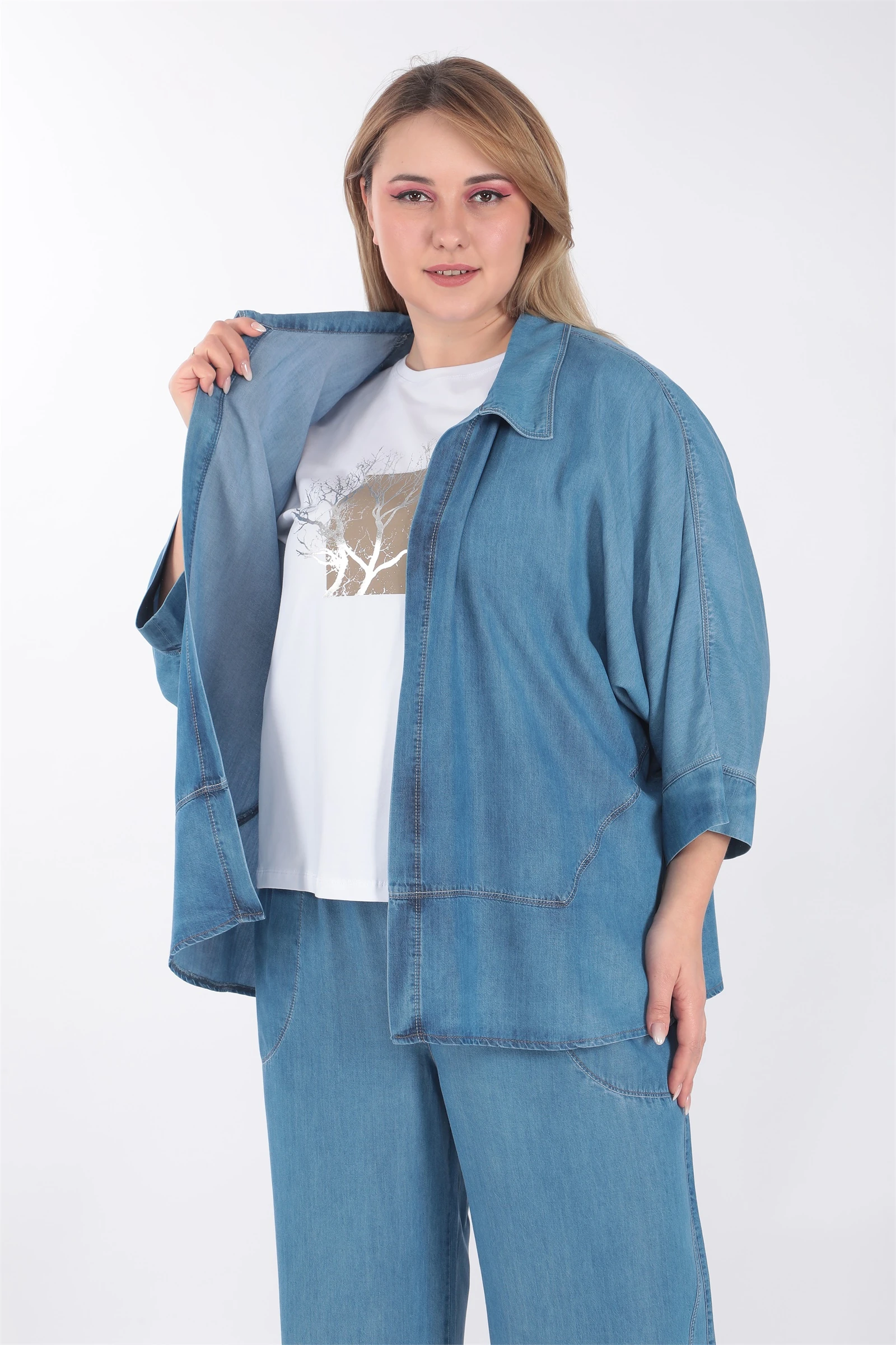 Yazlık Renkli Dikişli Cepli 3'lü Tensel Takım - Buz Mavisi