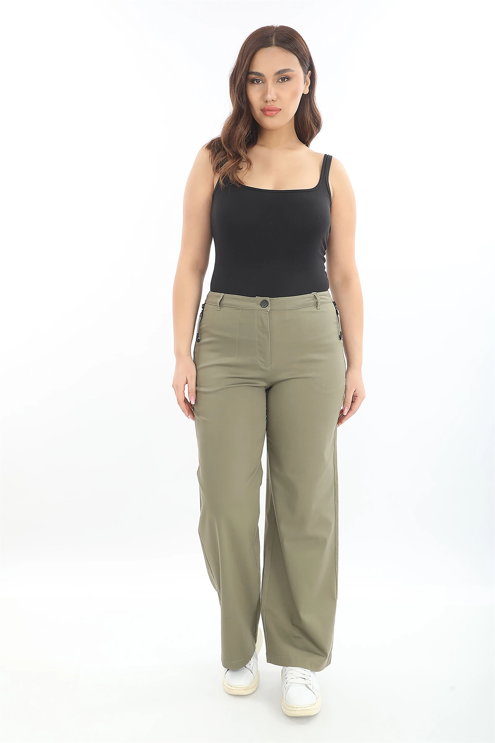 Yazlık Cepleri Fermuarlı Boru Paça Pantolon - Haki