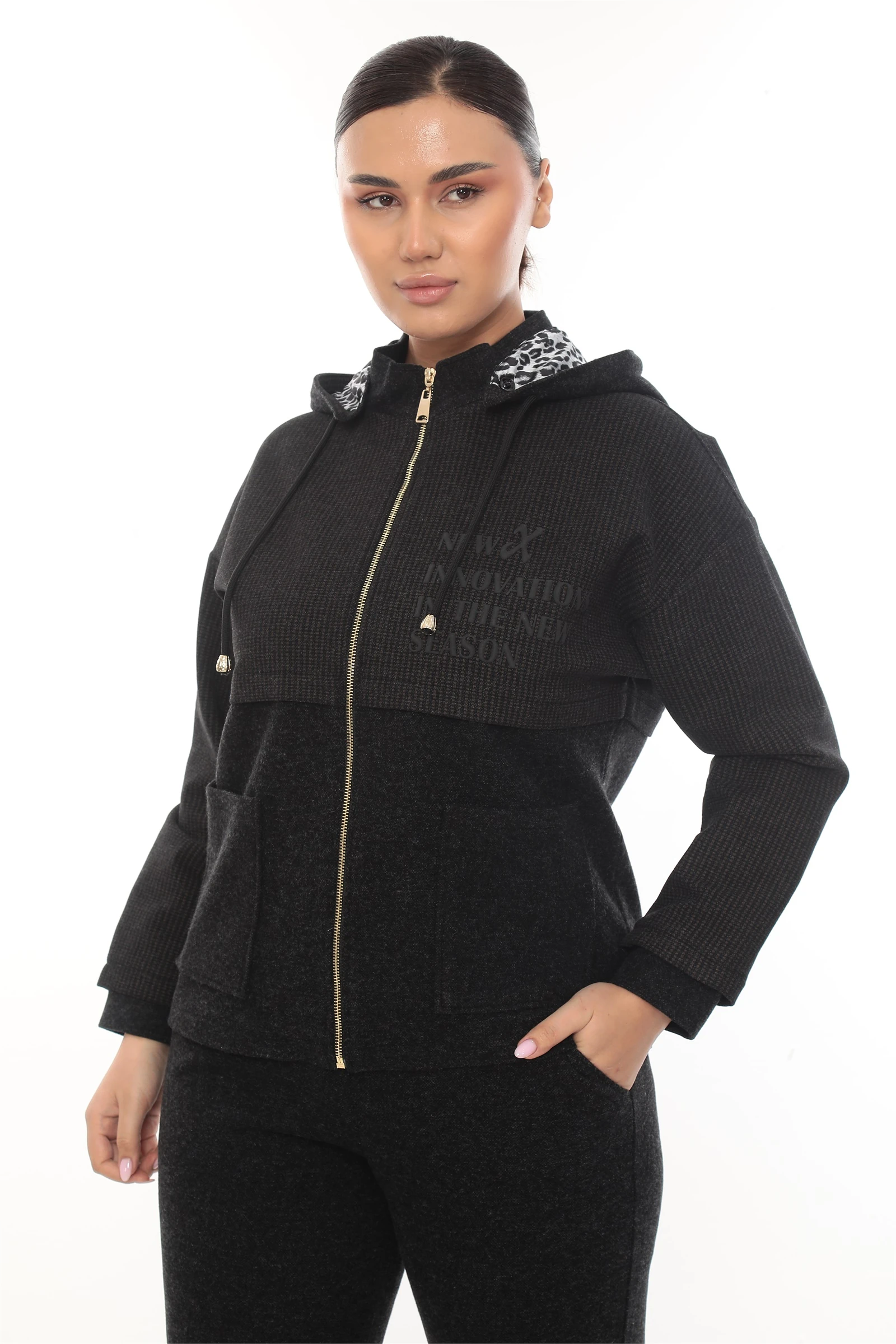 Kışlık Fermuarlı Kapşonlu Baskılı Alt-Üst Takım