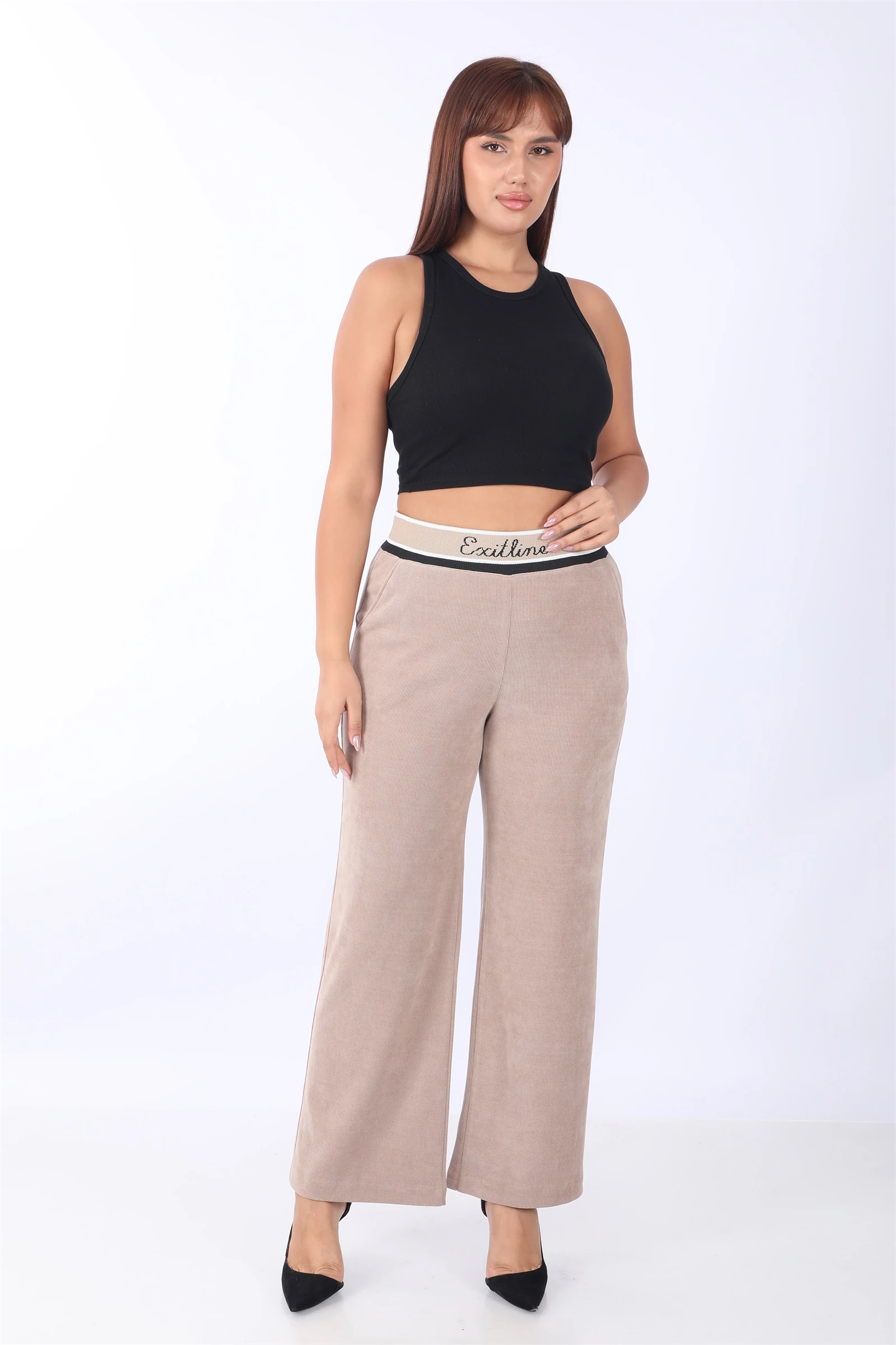 Kışlık Beli Ribanalı Cepli Boru Paça Pantolon - Vizon