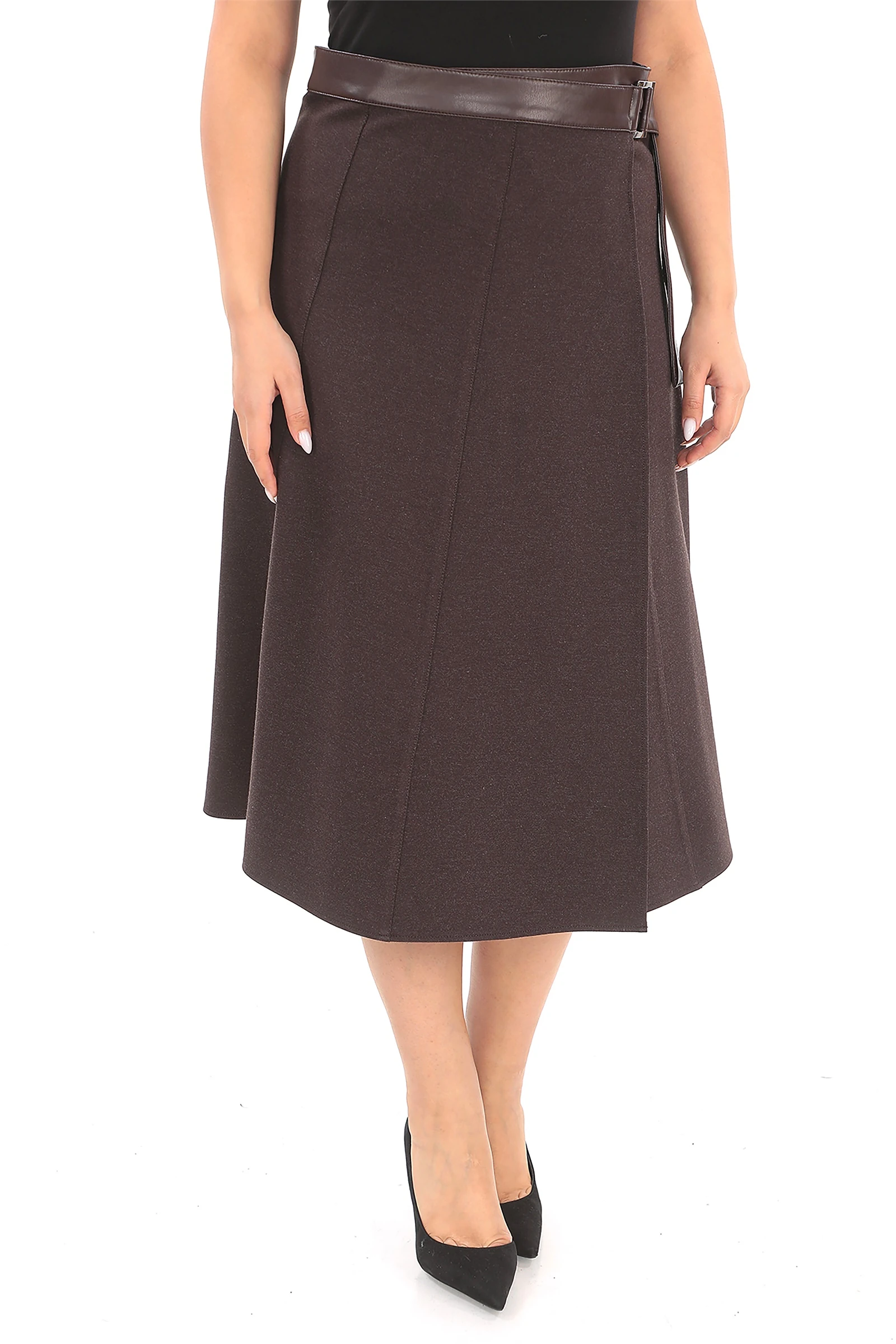 Kışlık Yırtmaç Detaylı Kemeri Derili Kaşe Etek