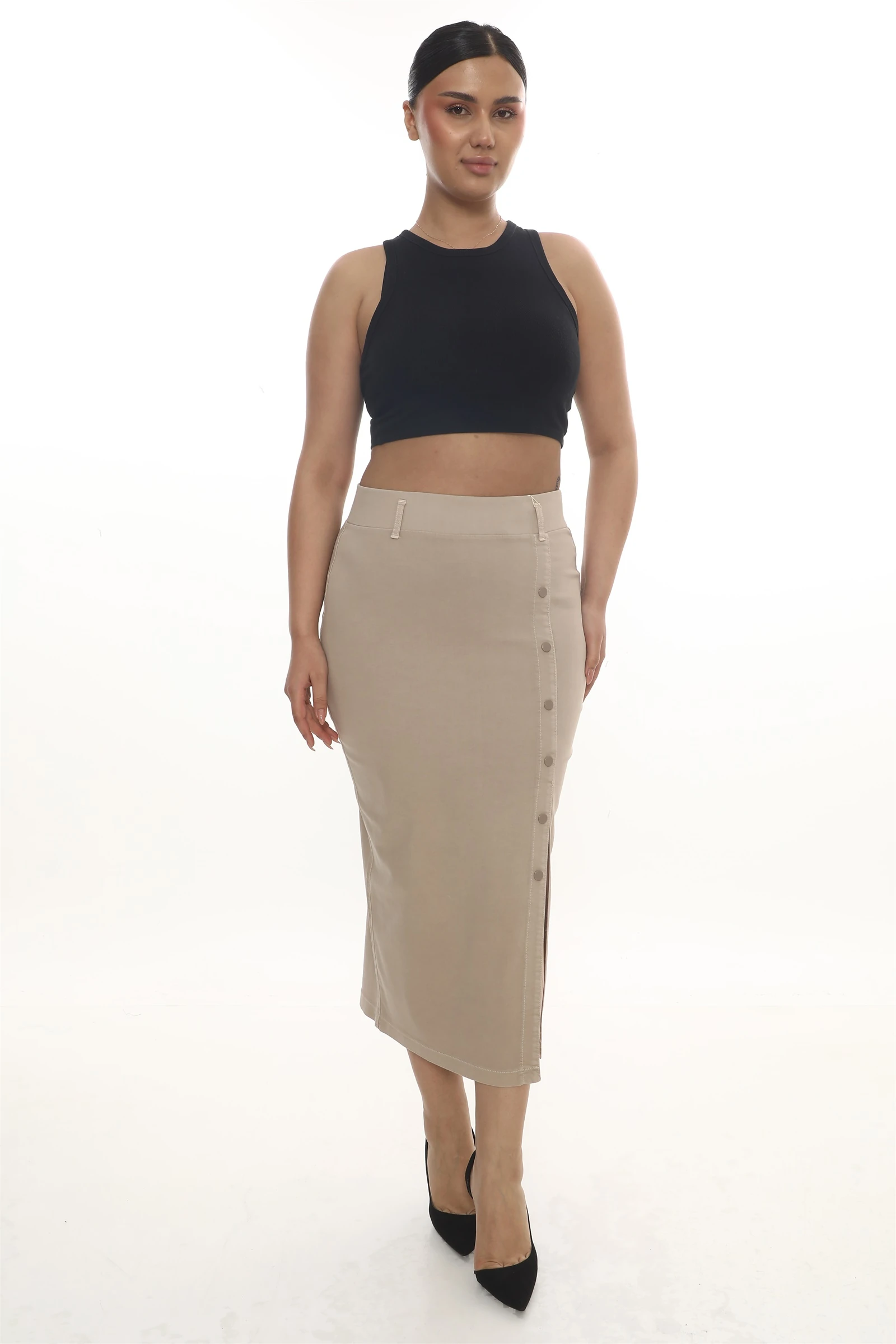 Sezonluk Düğmeli Yırtmaçlı Etek