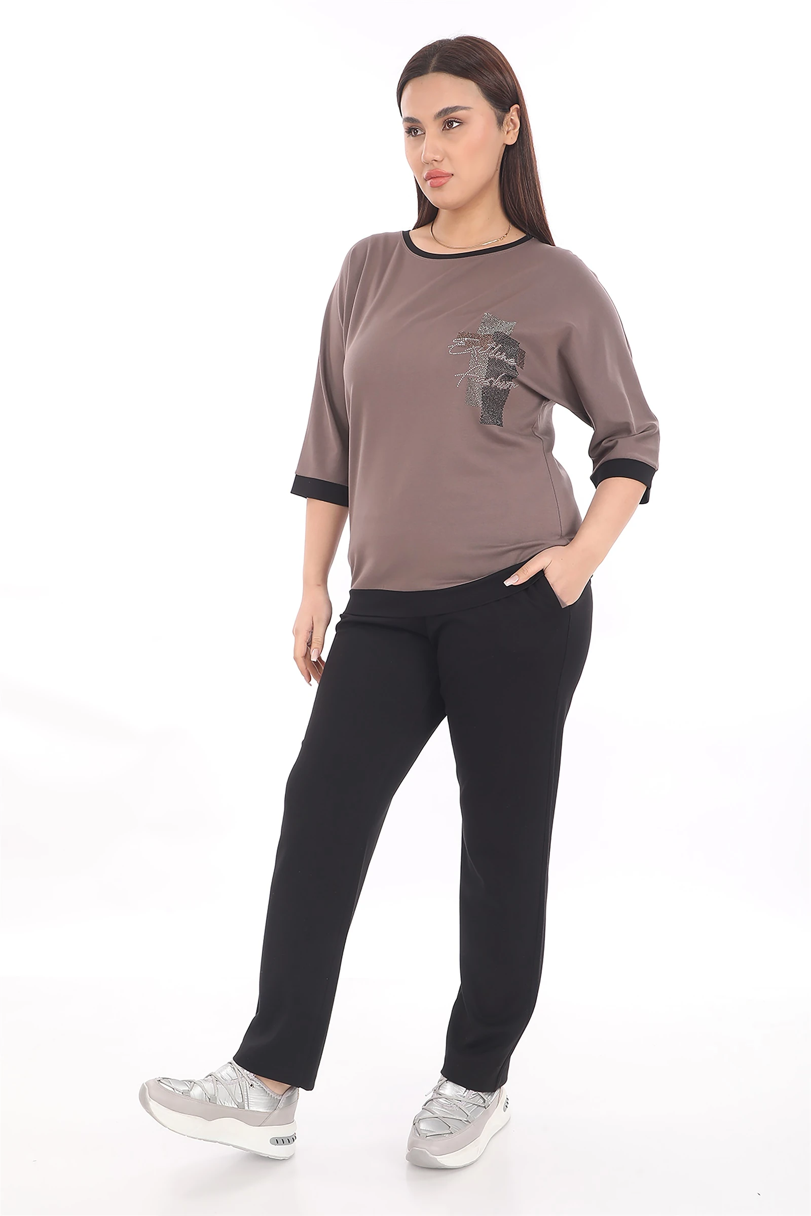 Yazlık Taşlı Beli Lastikli Eşofman Takım - Vizon