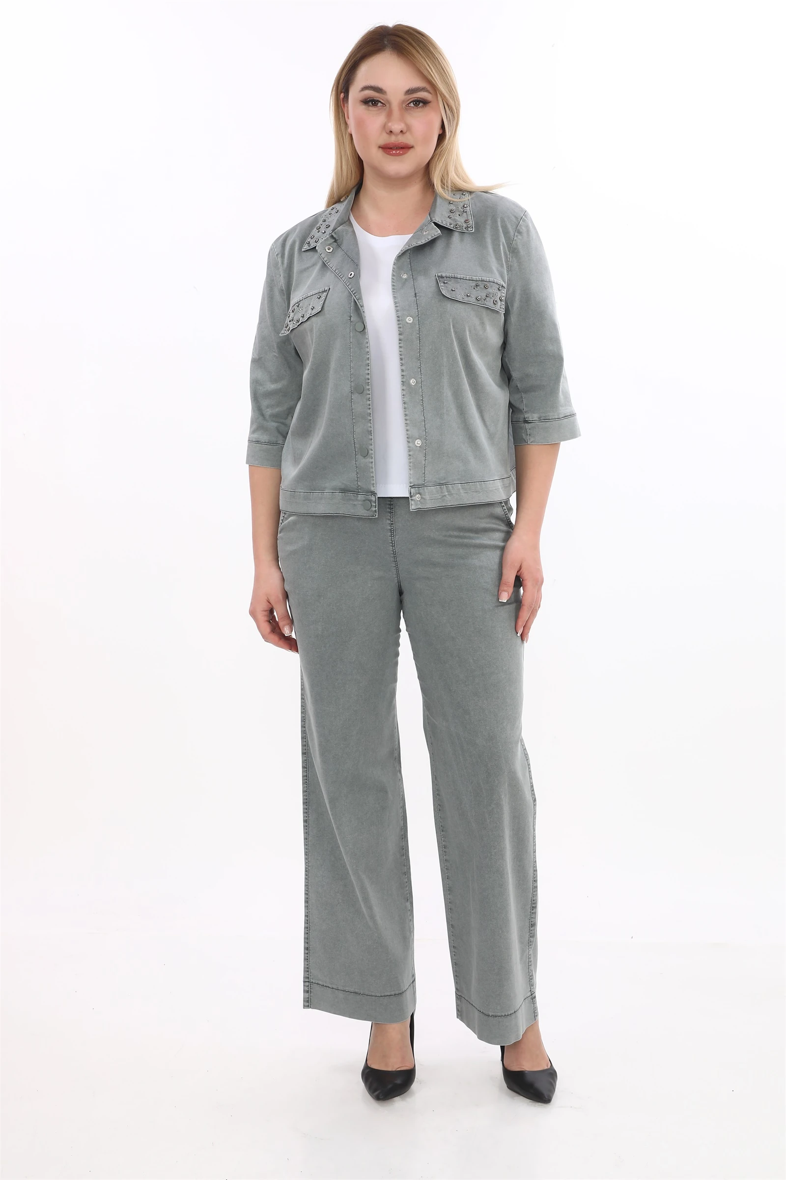 Yazlık Ceketi Çıt Çıt'lı Taş İşlemeli 3'lü Takım - Haki