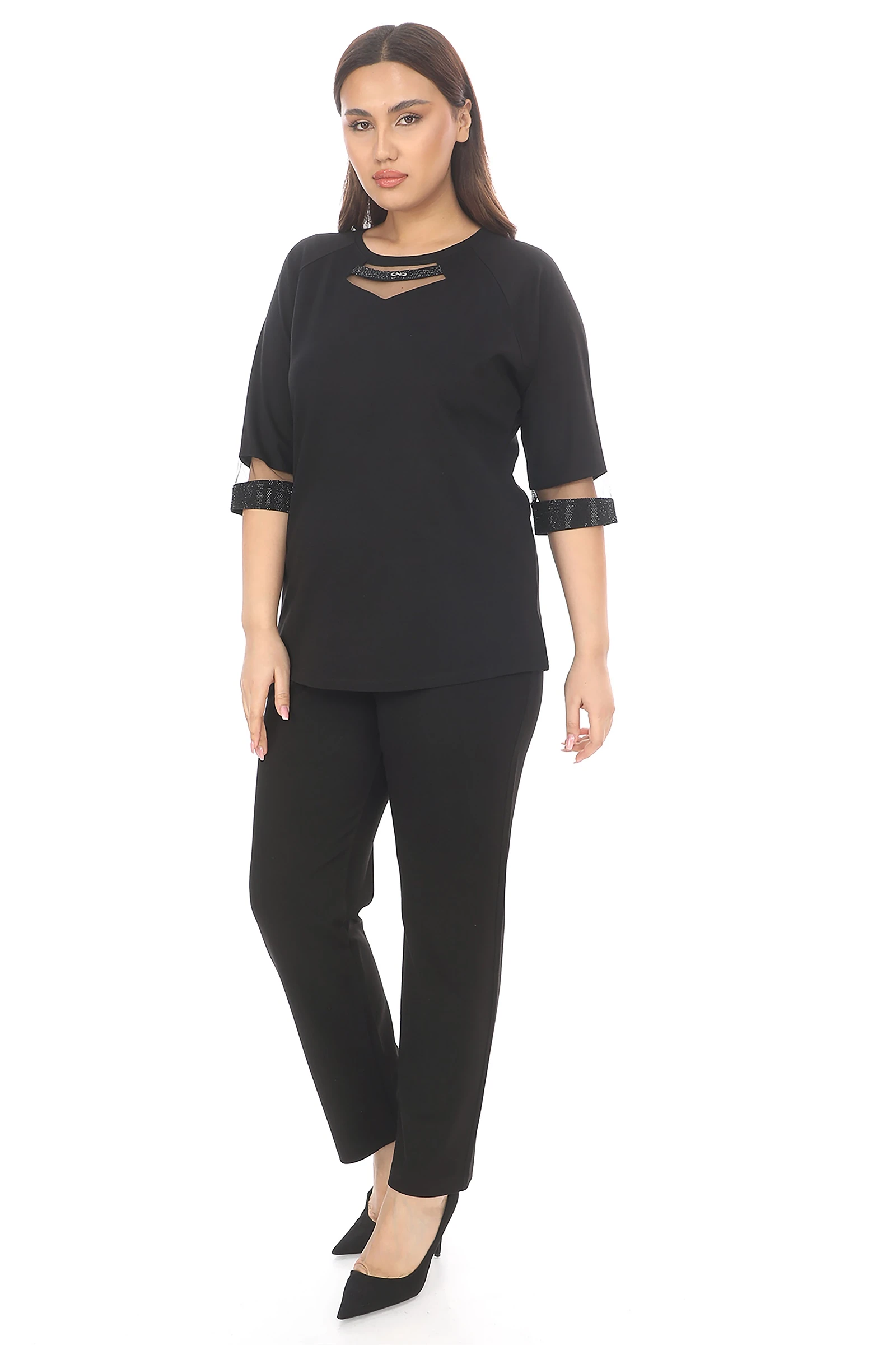 Sezonluk Kol Yanları Taşlı Pantolon Bluz Takım - Siyah
