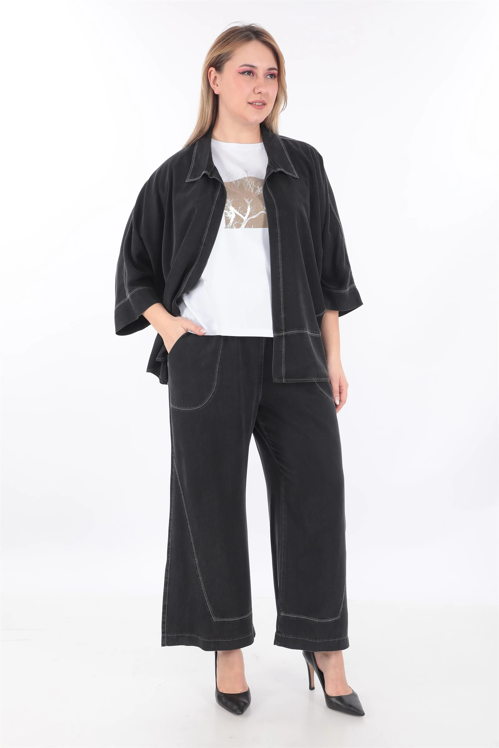 Yazlık Renkli Dikişli Cepli 3'lü Tensel Takım - Siyah