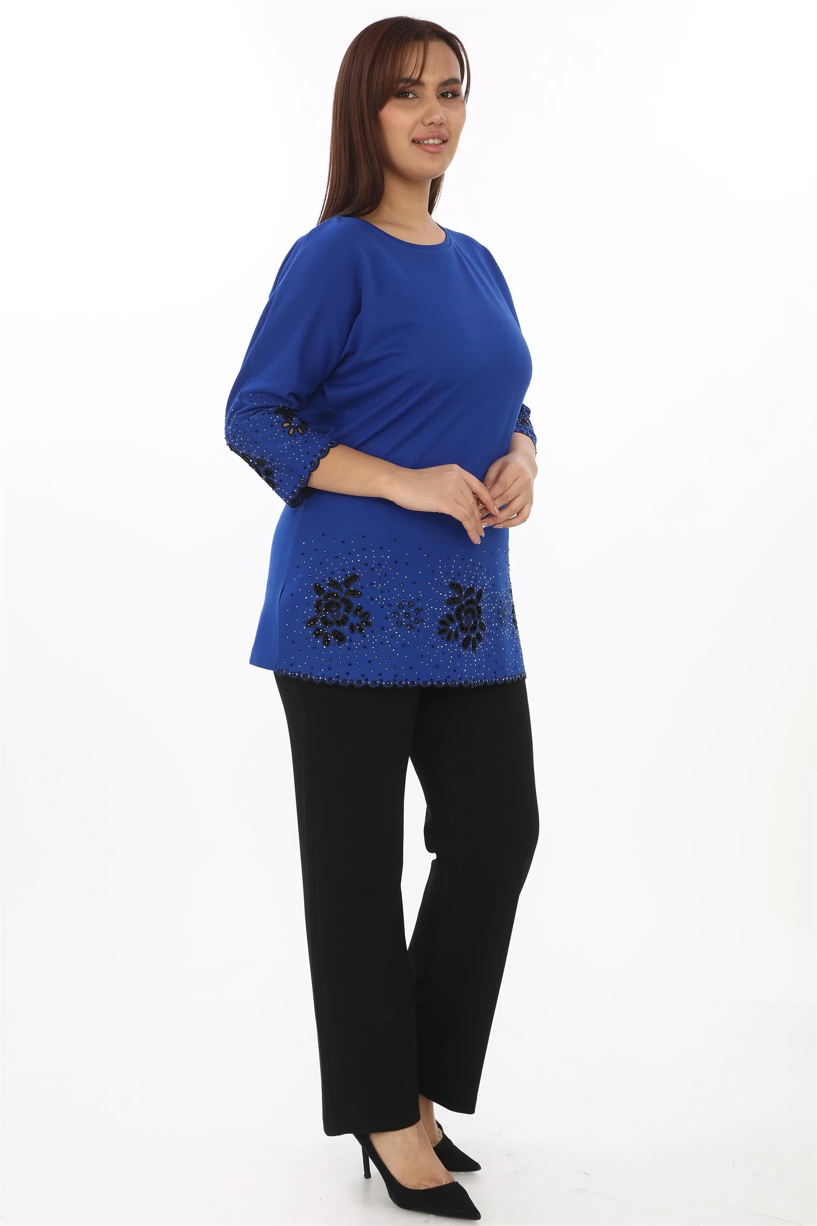 Yazlık Eteği Nakışlı & Taşlı Kemeri Lastikli Takım - Saks