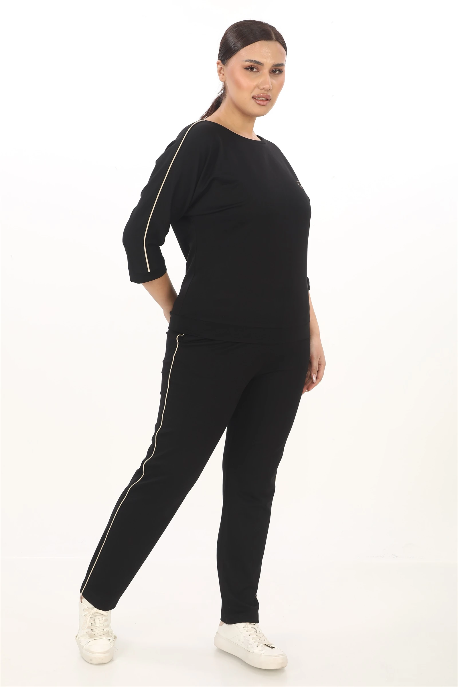 Sezonluk Yanları Şeritli Eşofman Takım - Siyah-Bej