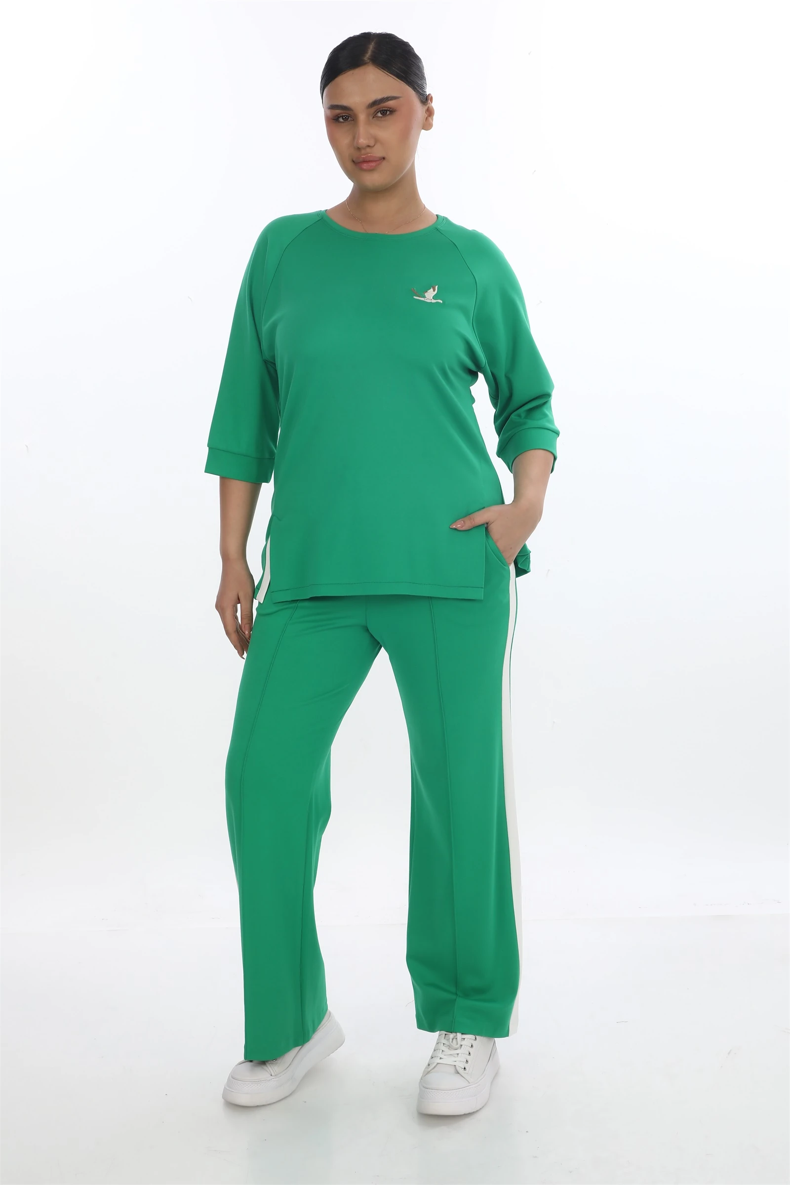 Sezonluk Kuş Nakışlı İpli 2Li Eşofman Takım - Yeşil