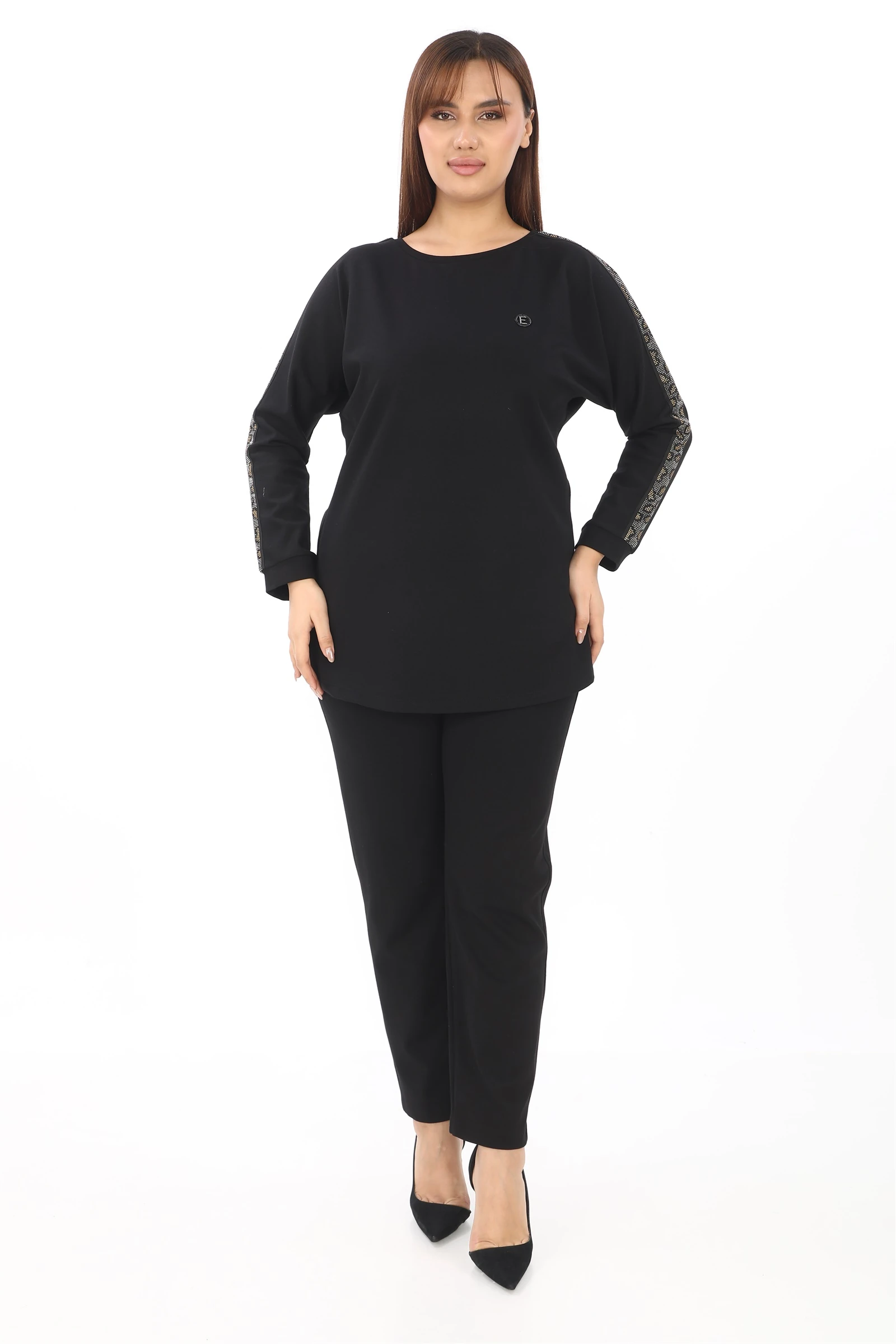 Sezonluk Kol Yanları Yılan Desen Taşlı Pantolon Bluz Takım