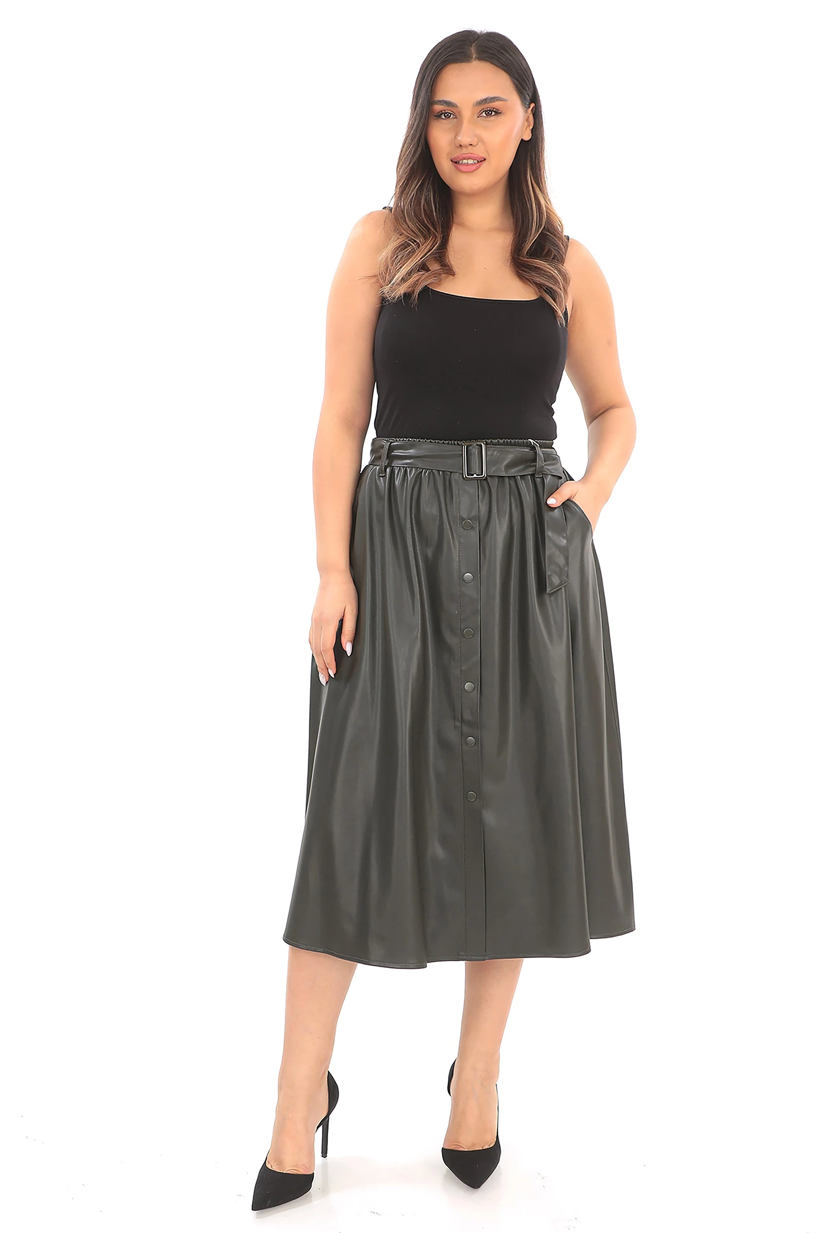 Kışlık Kemerli Düğmeli Suni Deri Etek