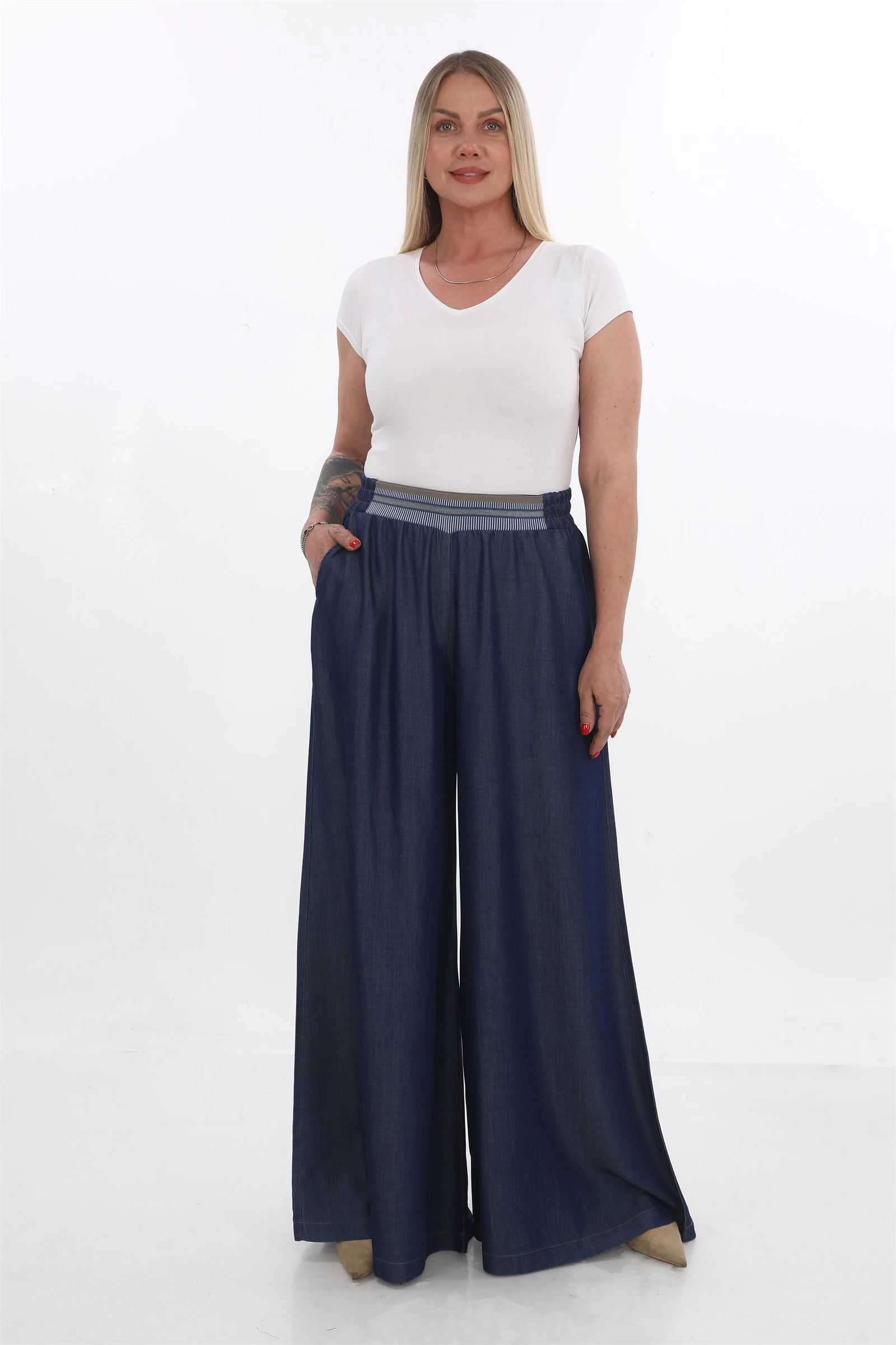 Yazlık Beli Lastik Kemerli Geniş Paça Pantolon