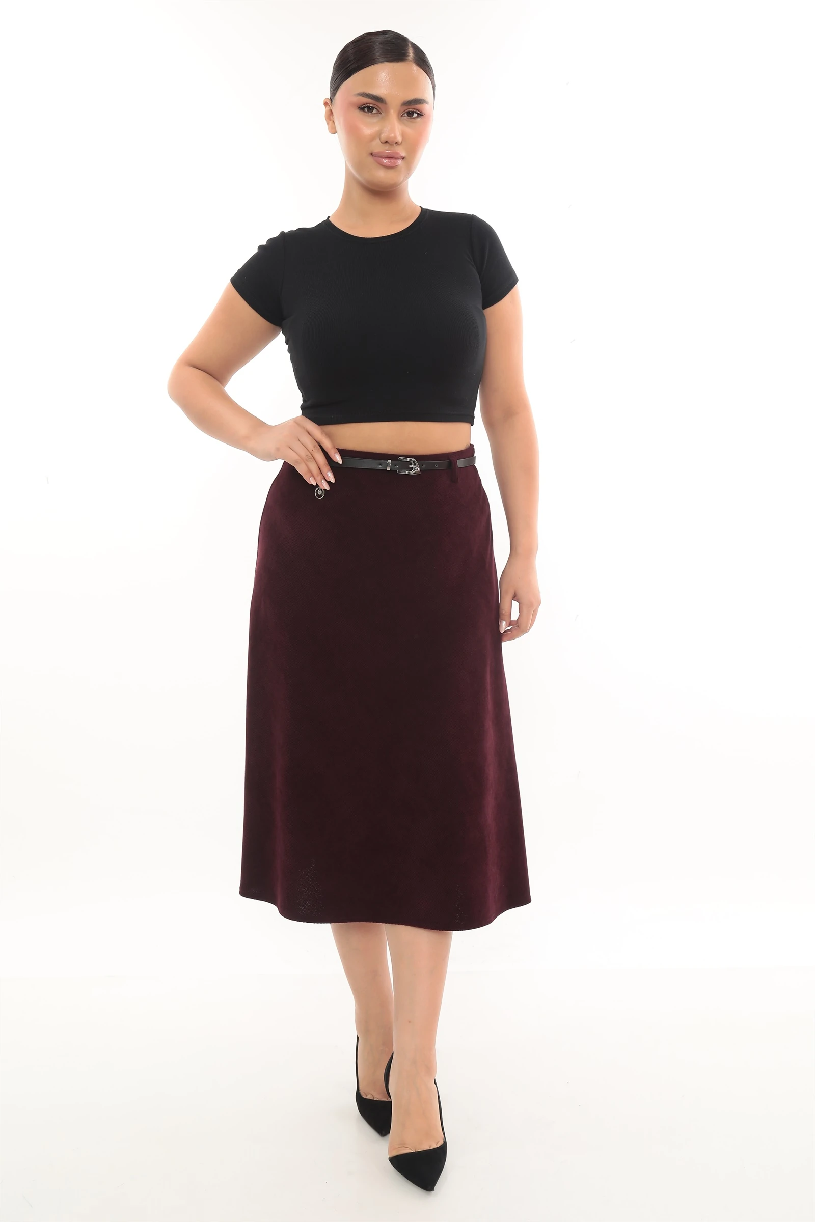Kışlık Kemerli Aksesurarlı Klasik Kadife Etek