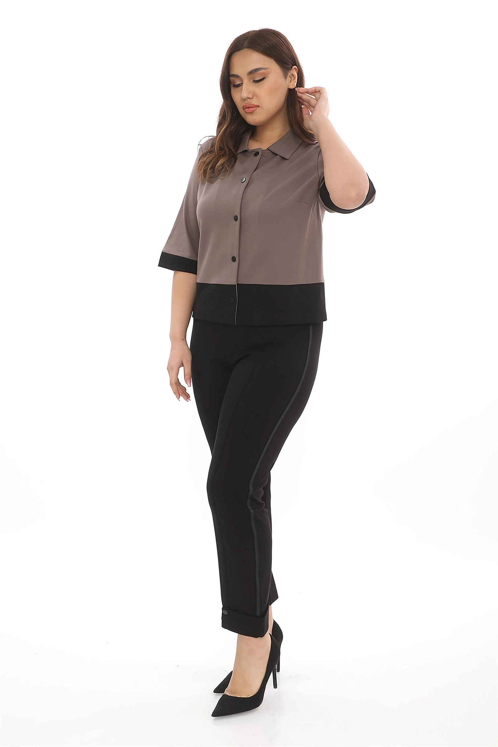 Sezonluk Önü Çıt Çıtlı Zarif 3/4 Kollu Şık Ofis Günlük Ceket - Vizon