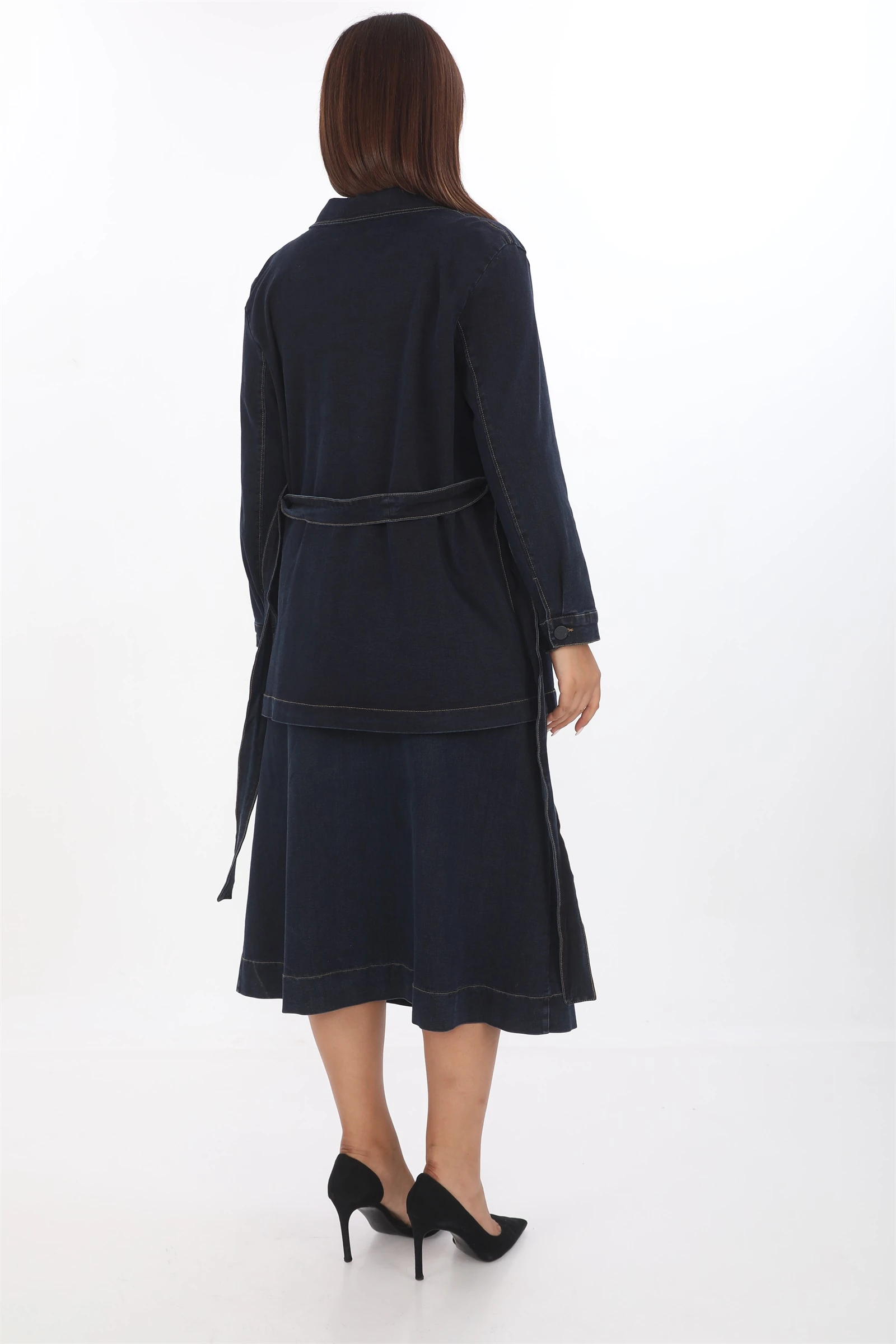 Sezonluk Kuşaklı Düğmeli Denim Ceket - Lacivert