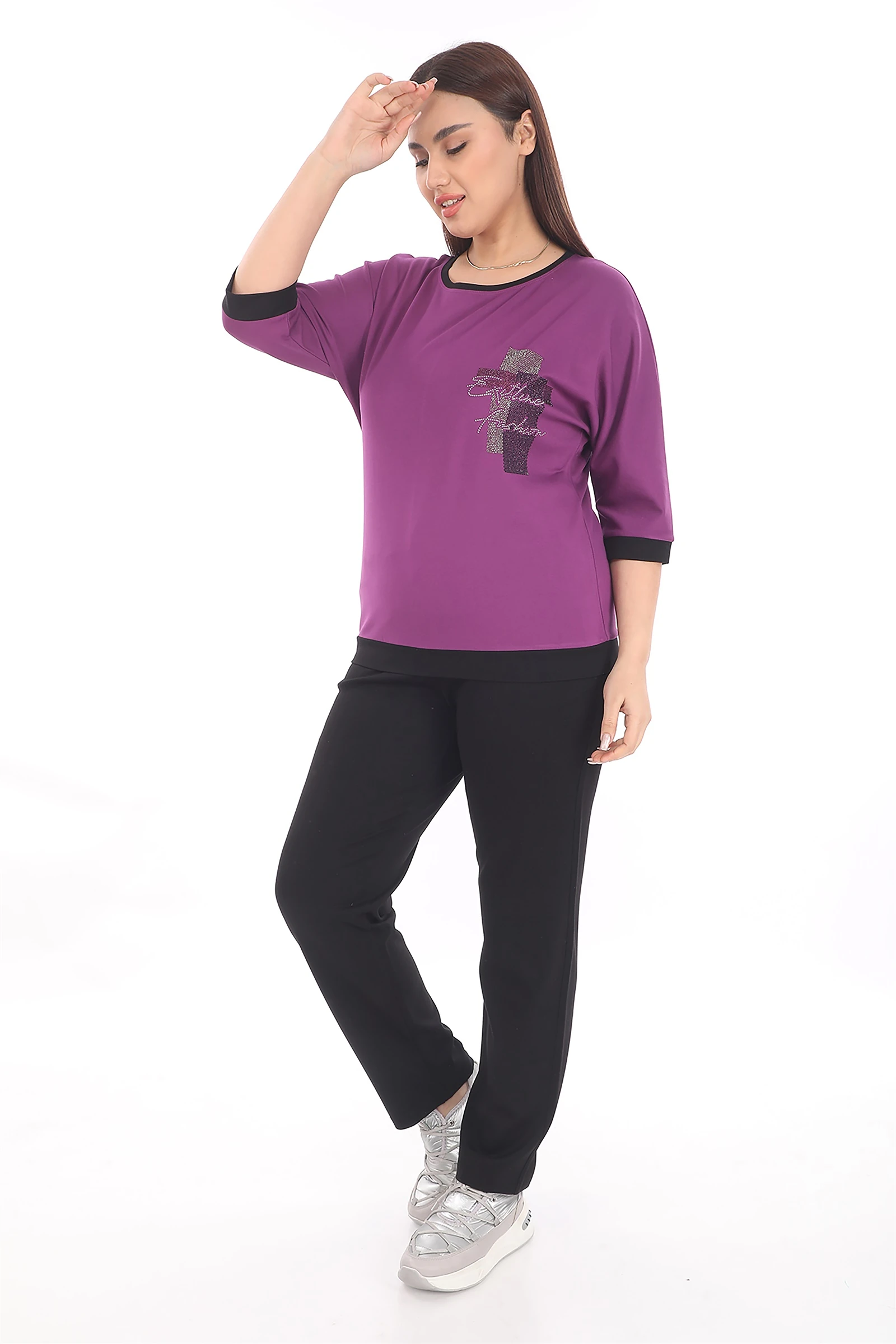 Yazlık Taşlı Beli Lastikli Eşofman Takım - Mor