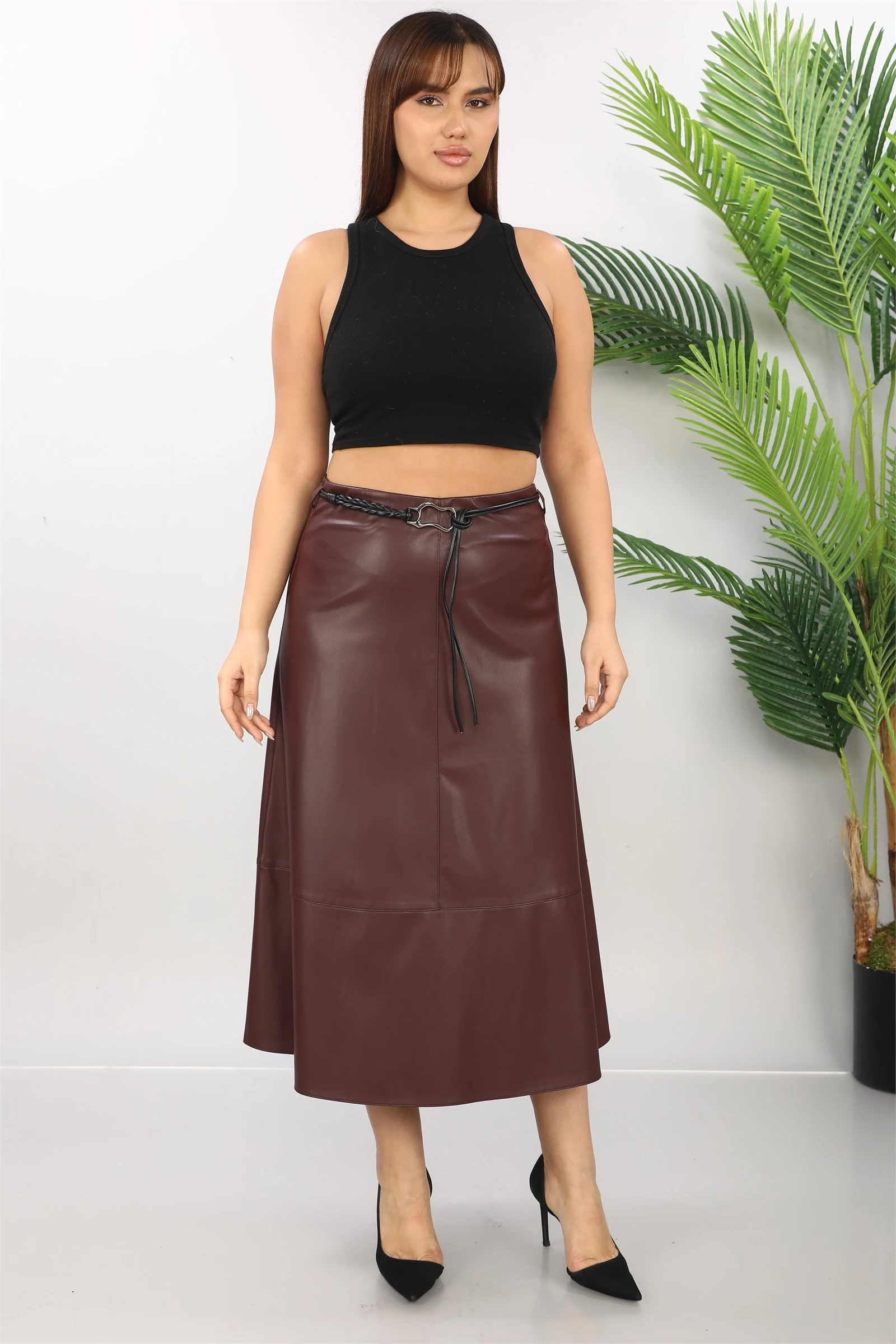 Kışlık Kemerli Suni Deri Etek - Bordo