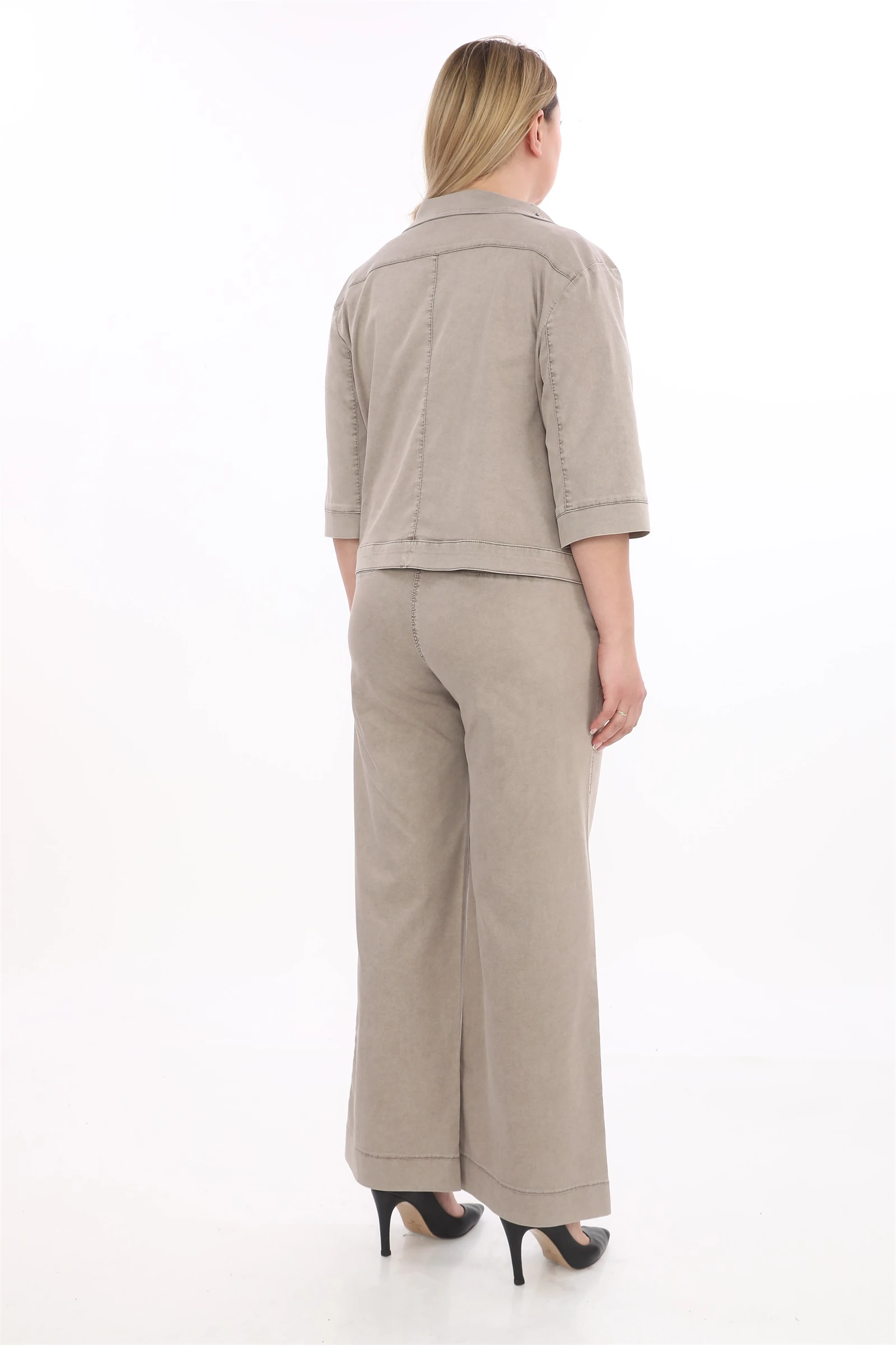 Yazlık Ceketi Çıt Çıt'lı Taş İşlemeli 3'lü Takım - Vizon