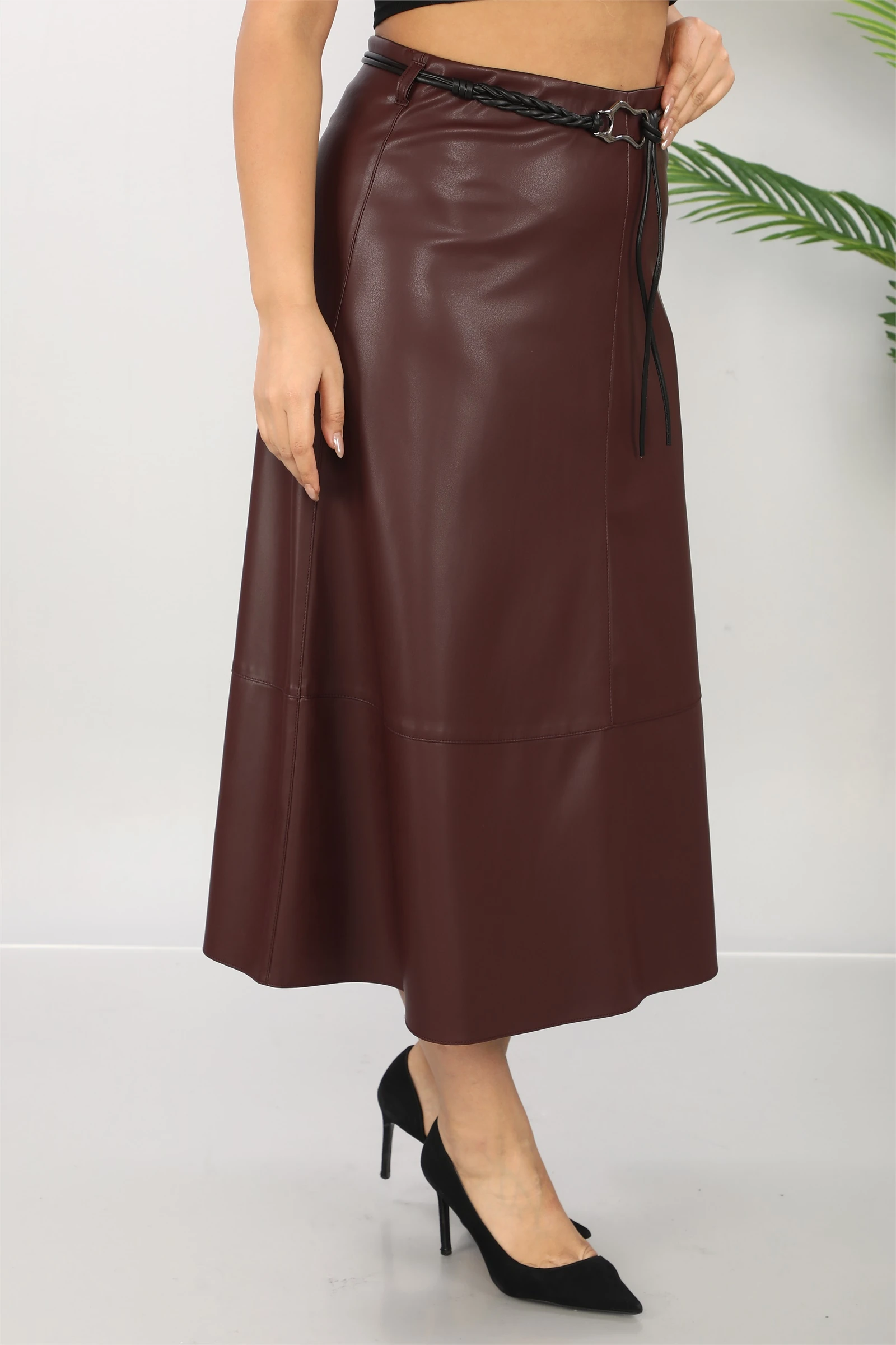 Kışlık Kemerli Suni Deri Etek
