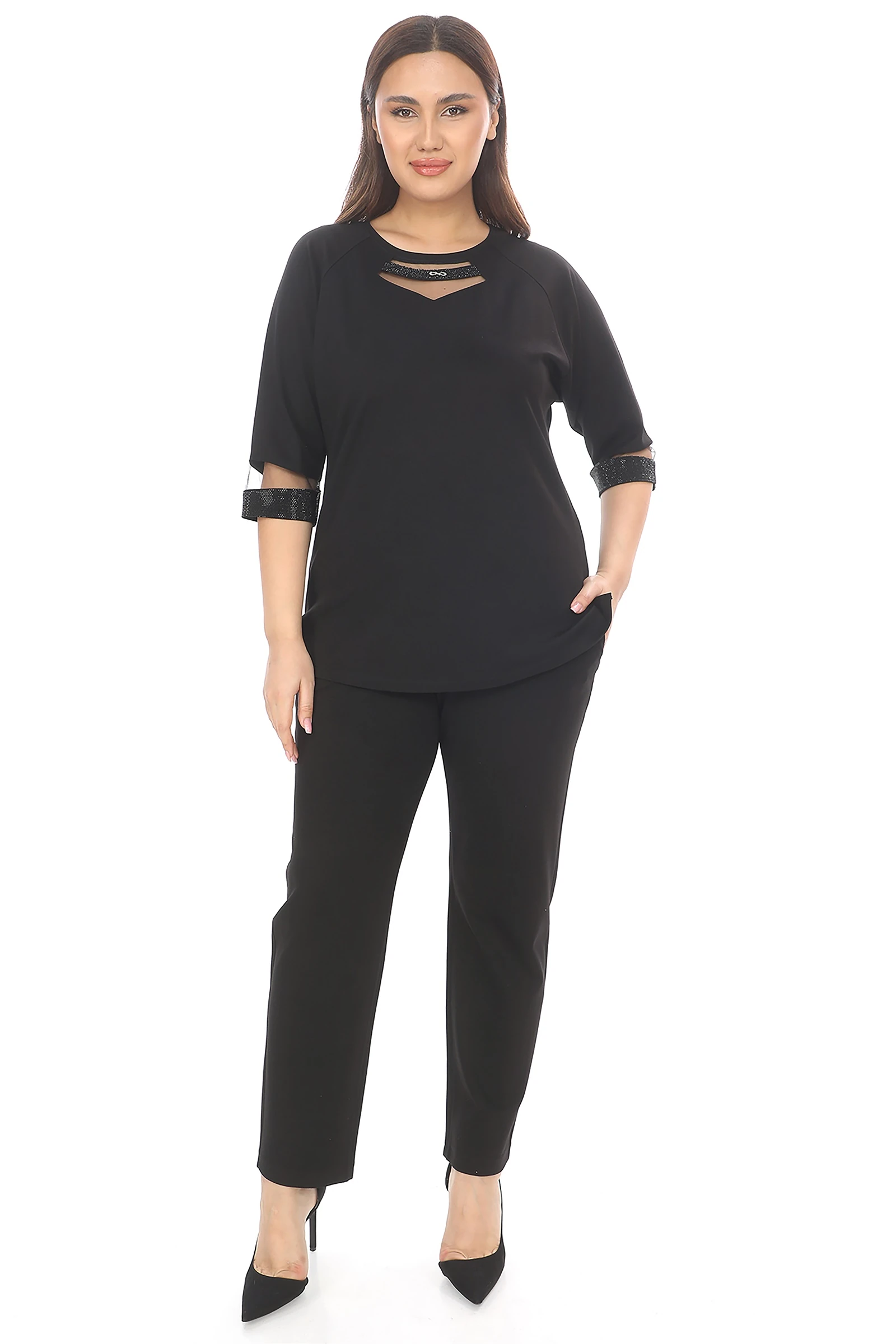 Sezonluk Kol Yanları Taşlı Pantolon Bluz Takım - Siyah
