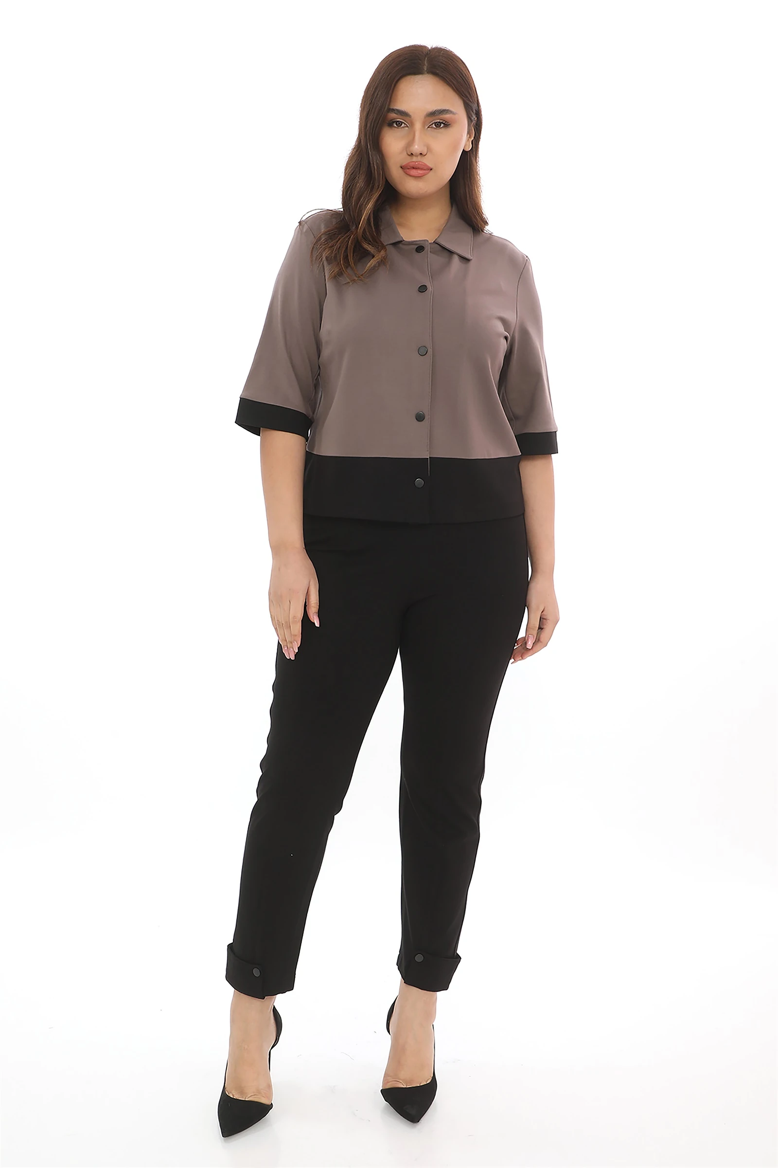 Sezonluk Önü Çıt Çıtlı Zarif 3/4 Kollu Şık Ofis Günlük Ceket - Vizon