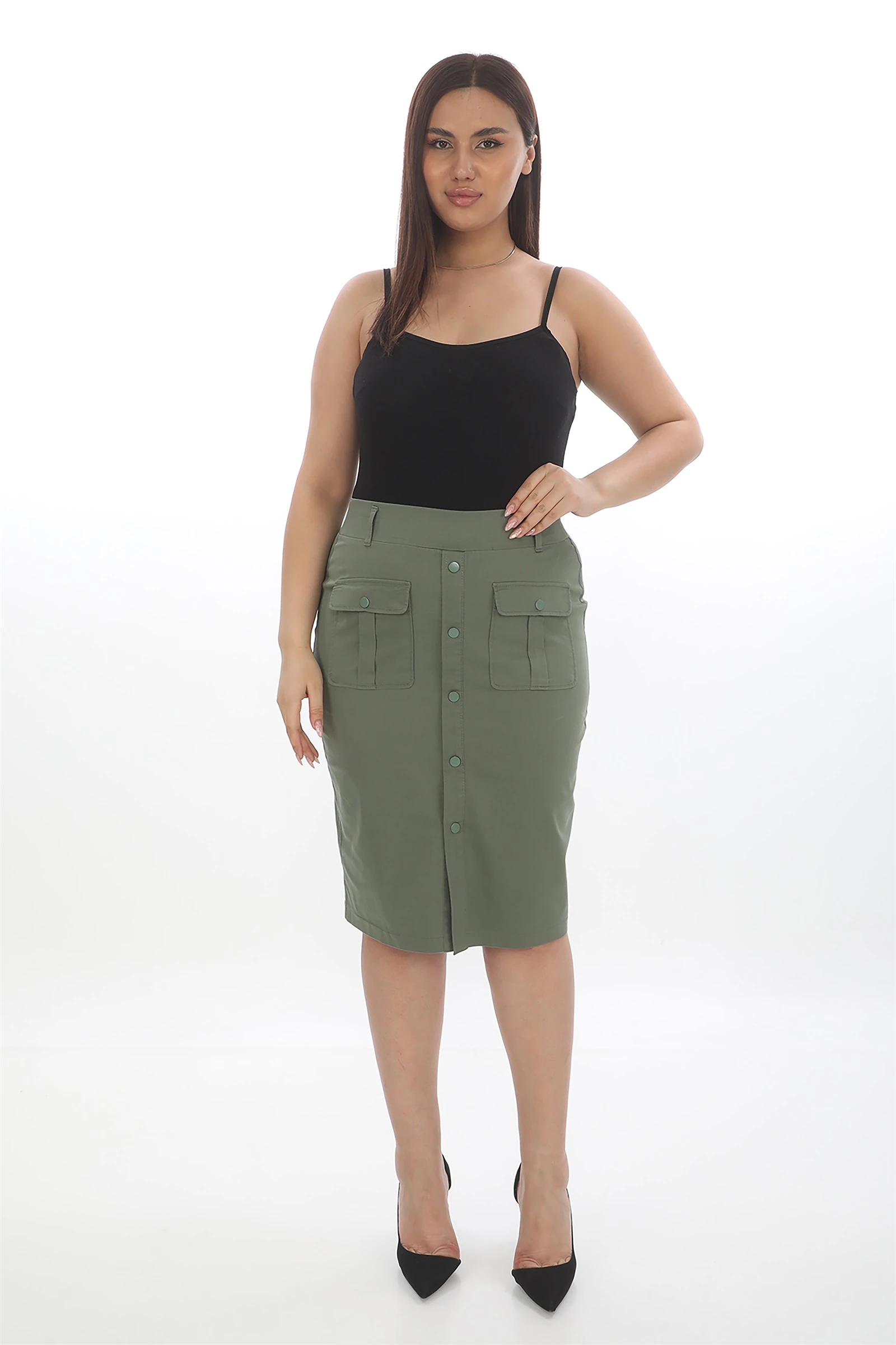 Yazlık Beli Lastikli Önü Çıt Çıtlı & Kapaklı Diz Altı Etek