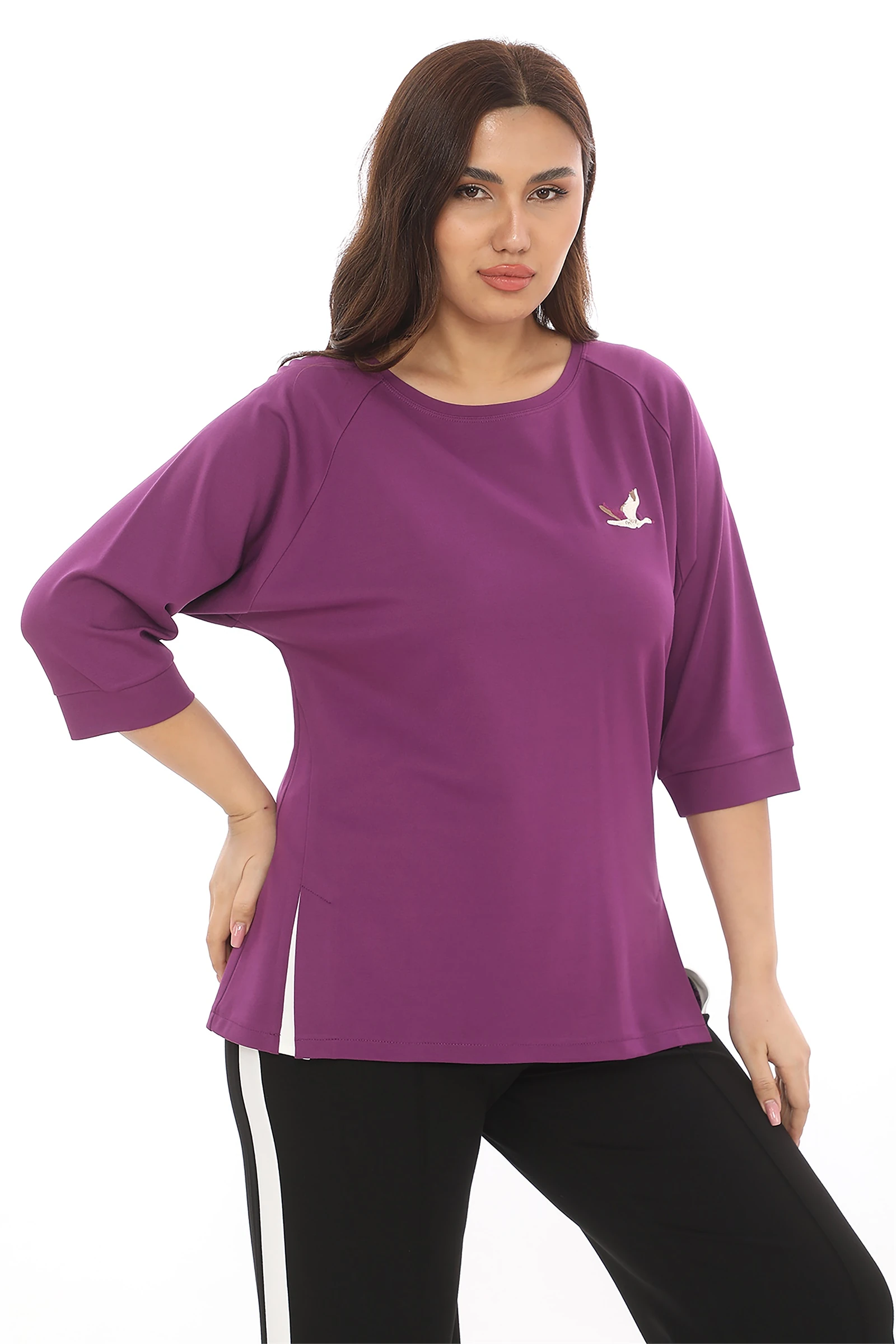 Sezonluk Kuş Nakışlı İpli 2Li Eşofman Takım - Mor