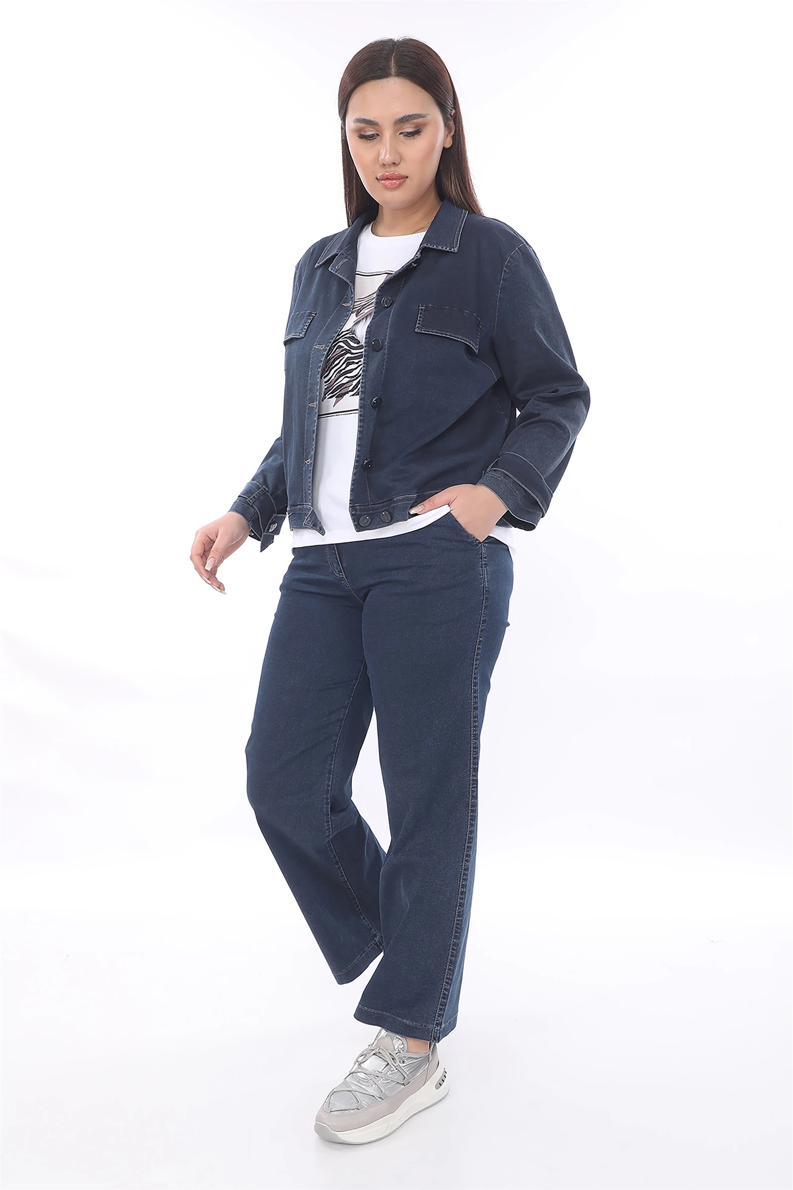 Sezonluk Pantolon Ceket T-shirt'ü Taşlı Baskılı Esnek Denim 3'lü Takım