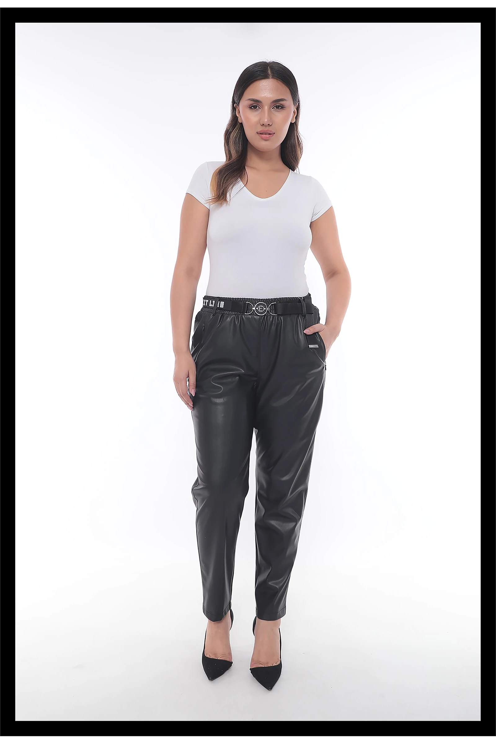 Kışlık Kemerli Beli Lastikli Suni Deri Pantolon - Siyah