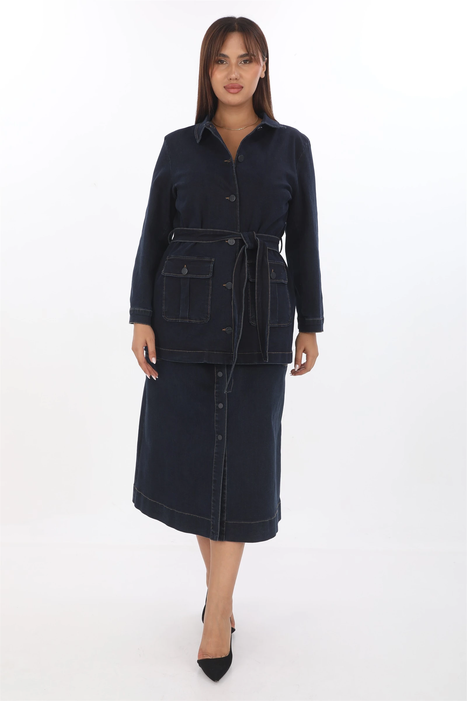 Sezonluk Kuşaklı Düğmeli Denim Ceket - Lacivert