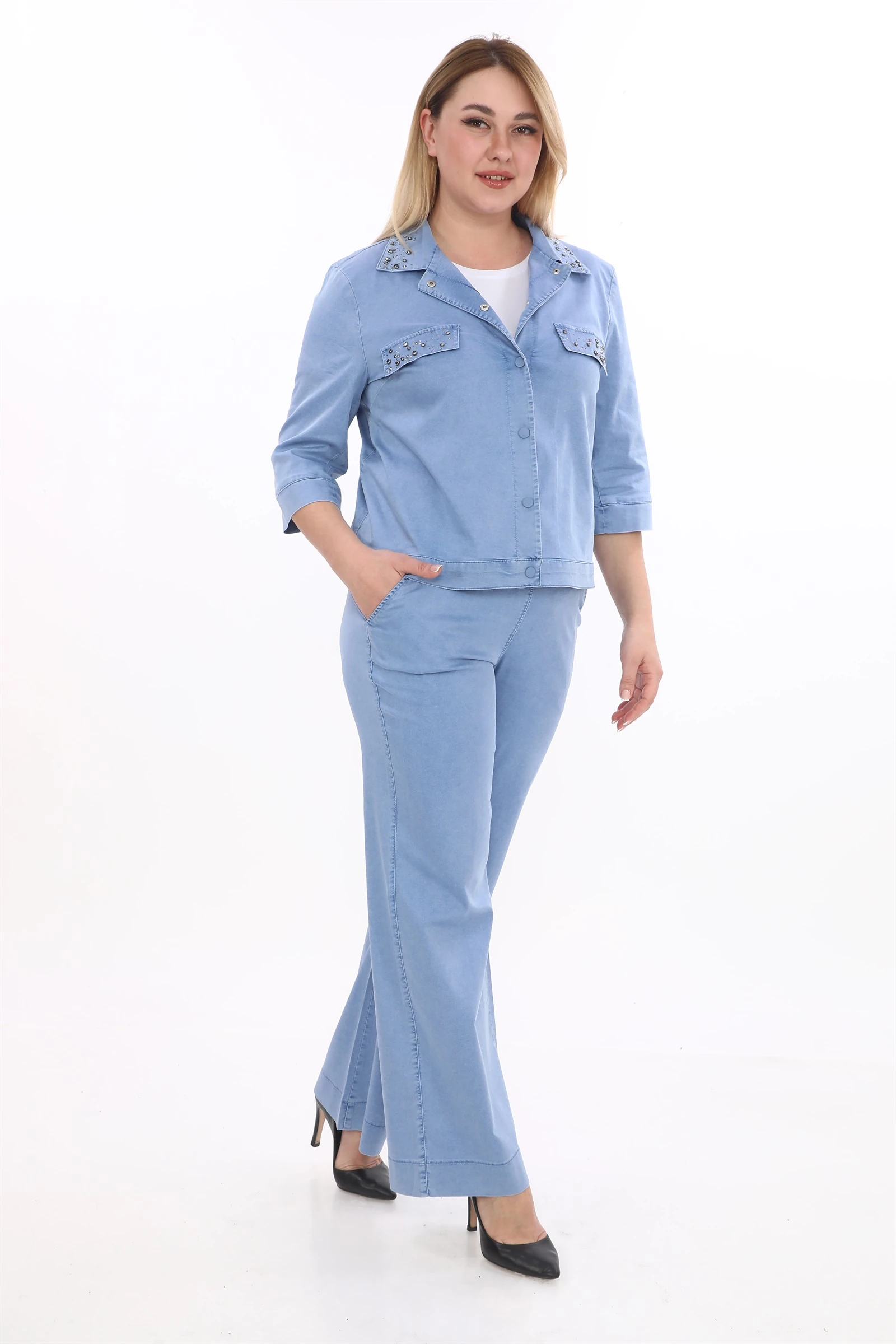 Yazlık Ceketi Çıt Çıt'lı Taş İşlemeli 3'lü Takım - İndigo