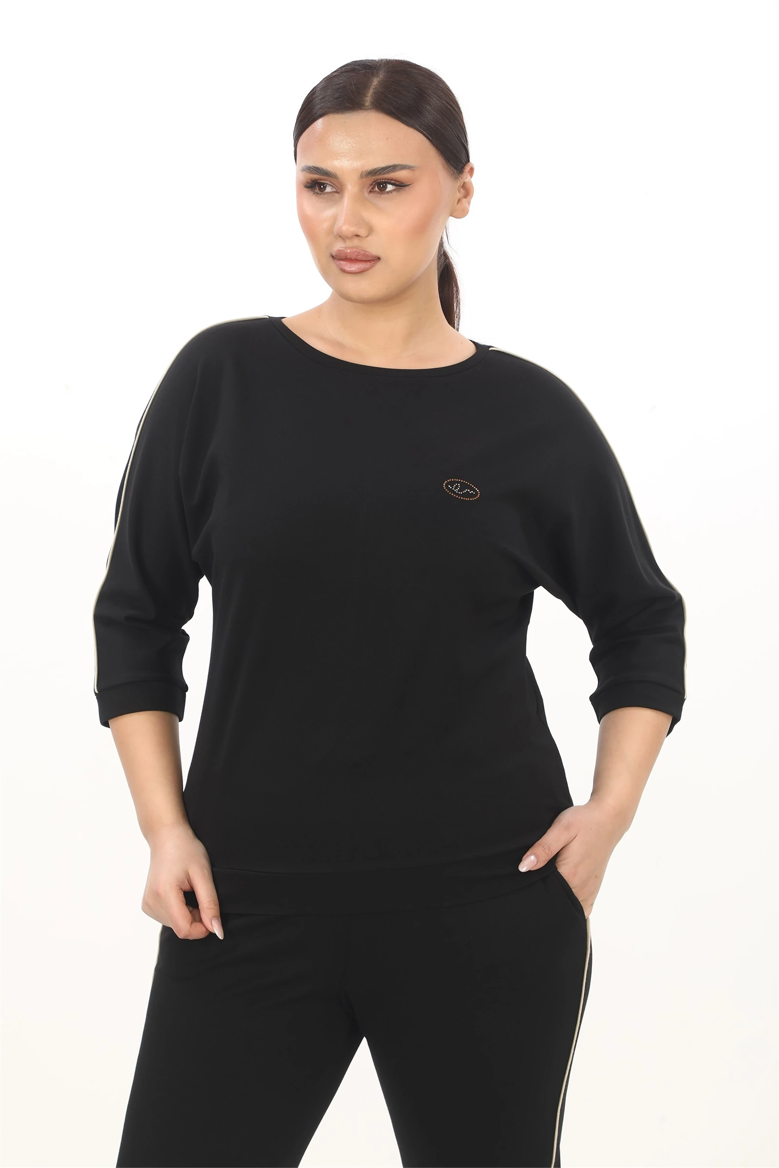 Sezonluk Yanları Şeritli Eşofman Takım - Siyah-Bej