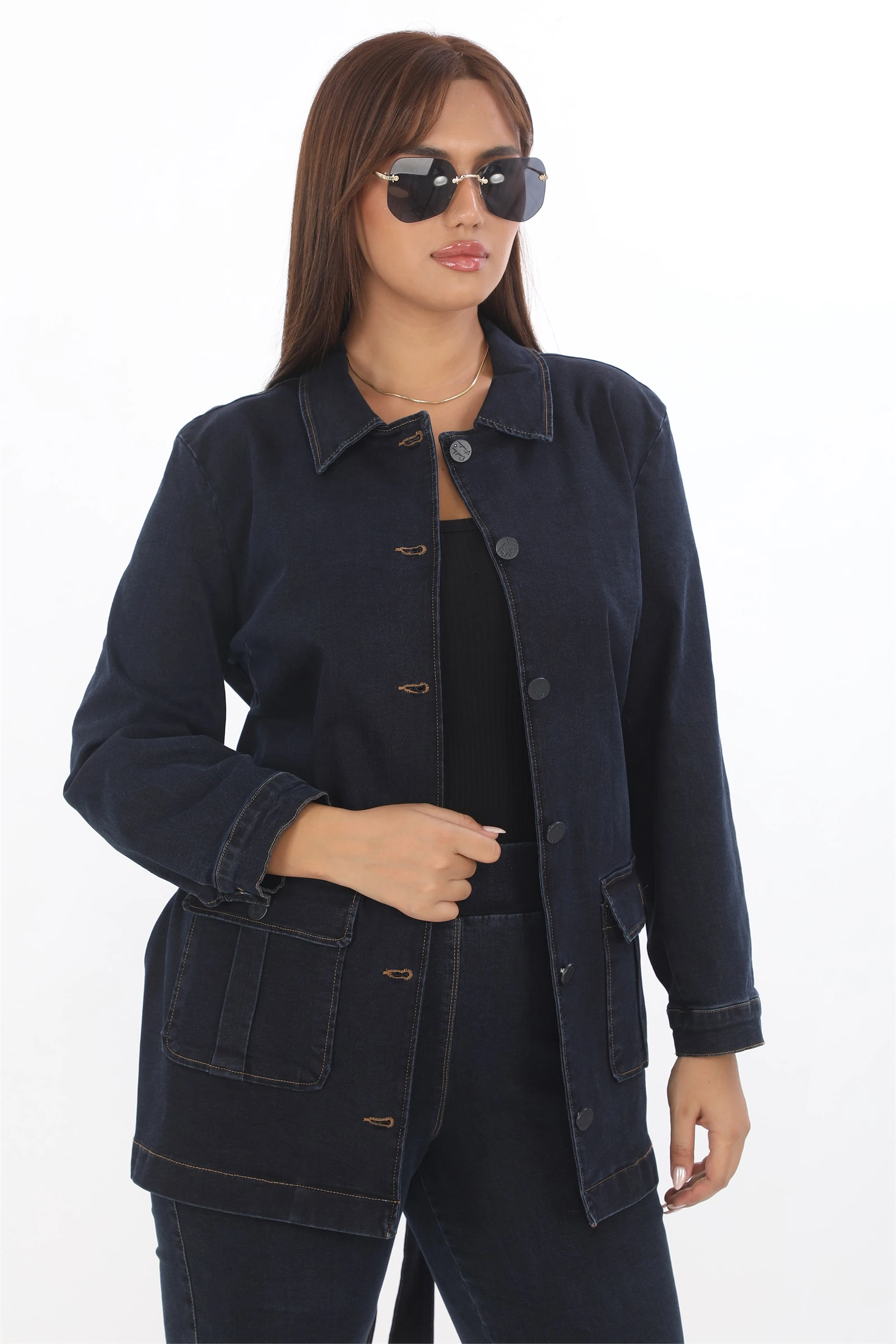 Sezonluk Kuşaklı Düğmeli Denim Ceket - Lacivert