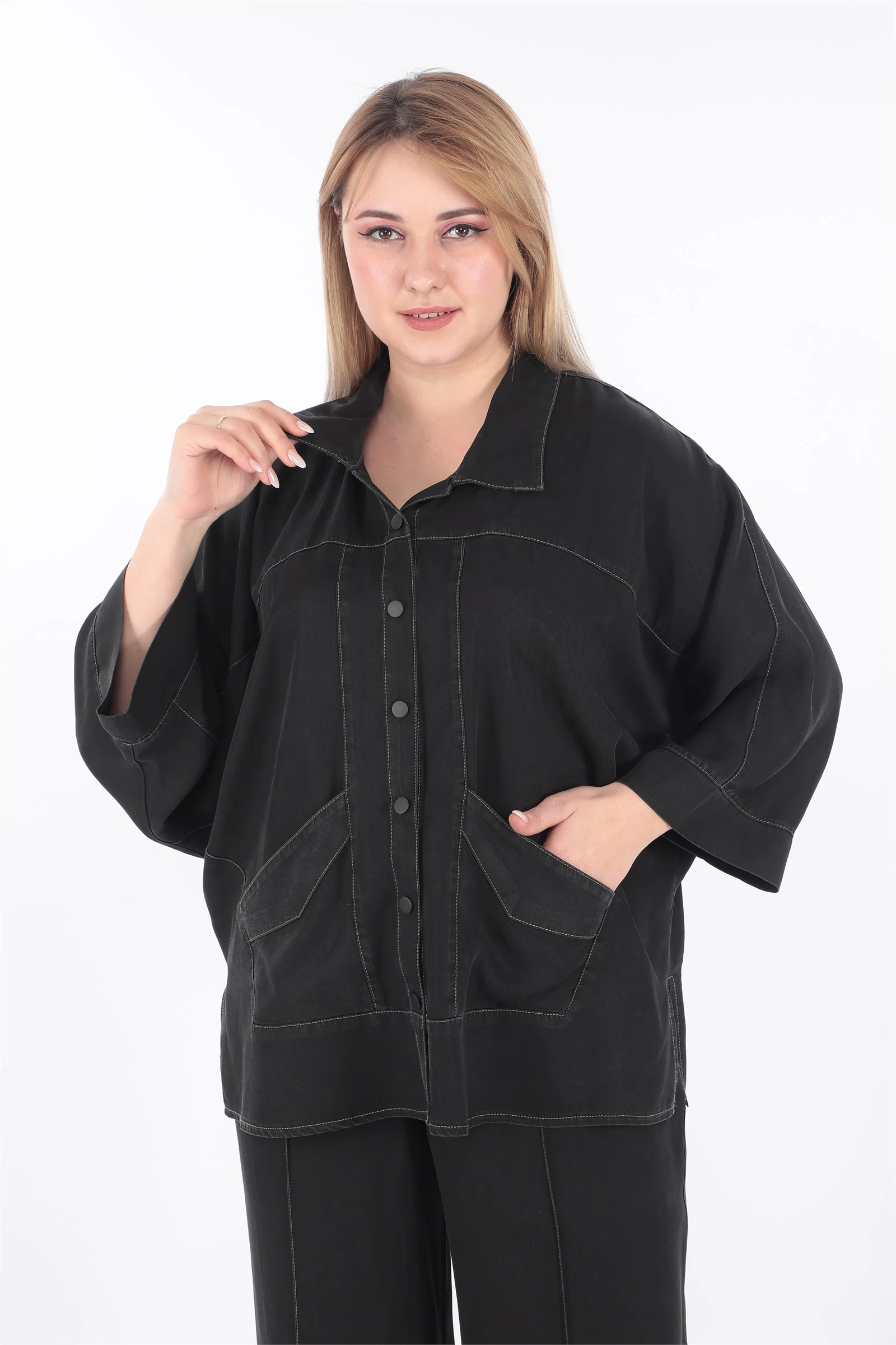 Yazlık Ceketi Çıt Çıt'lı Vizon İp Dikişli 2'li Takım - Siyah