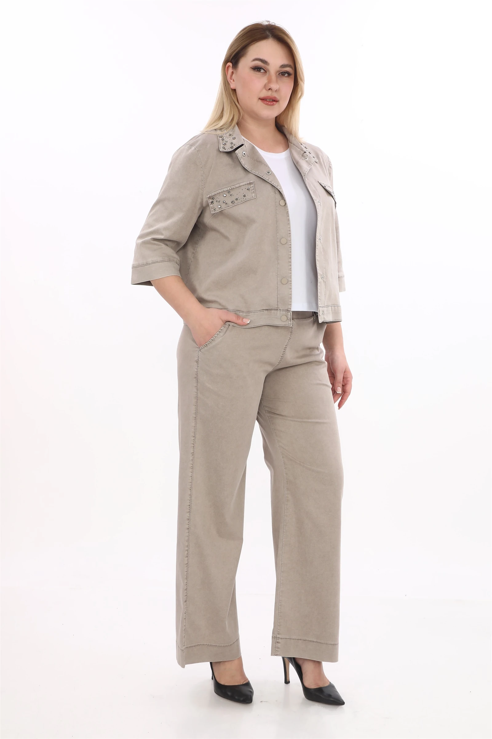 Yazlık Ceketi Çıt Çıt'lı Taş İşlemeli 3'lü Takım - Vizon