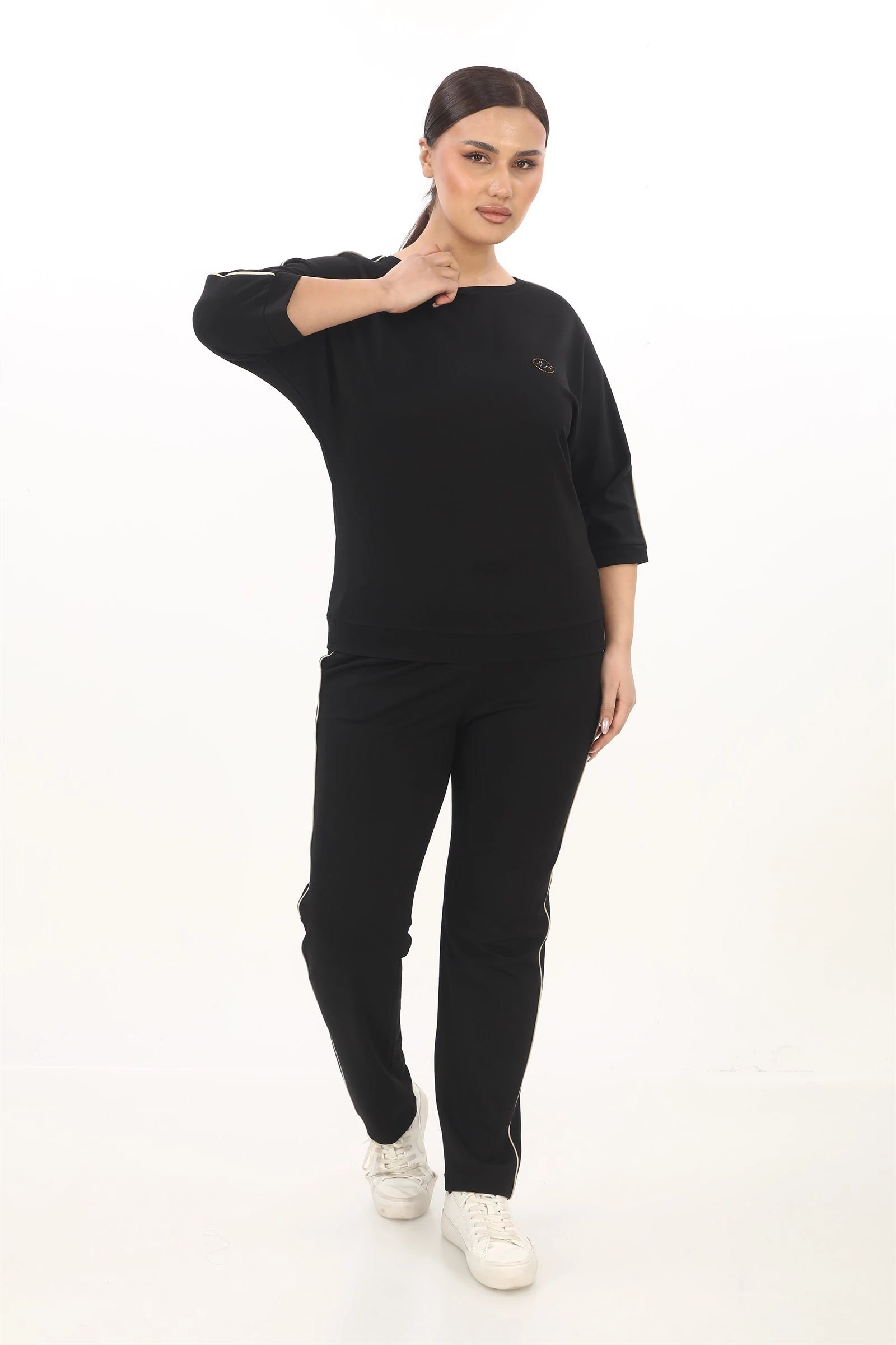 Sezonluk Yanları Şeritli Eşofman Takım - Siyah-Bej