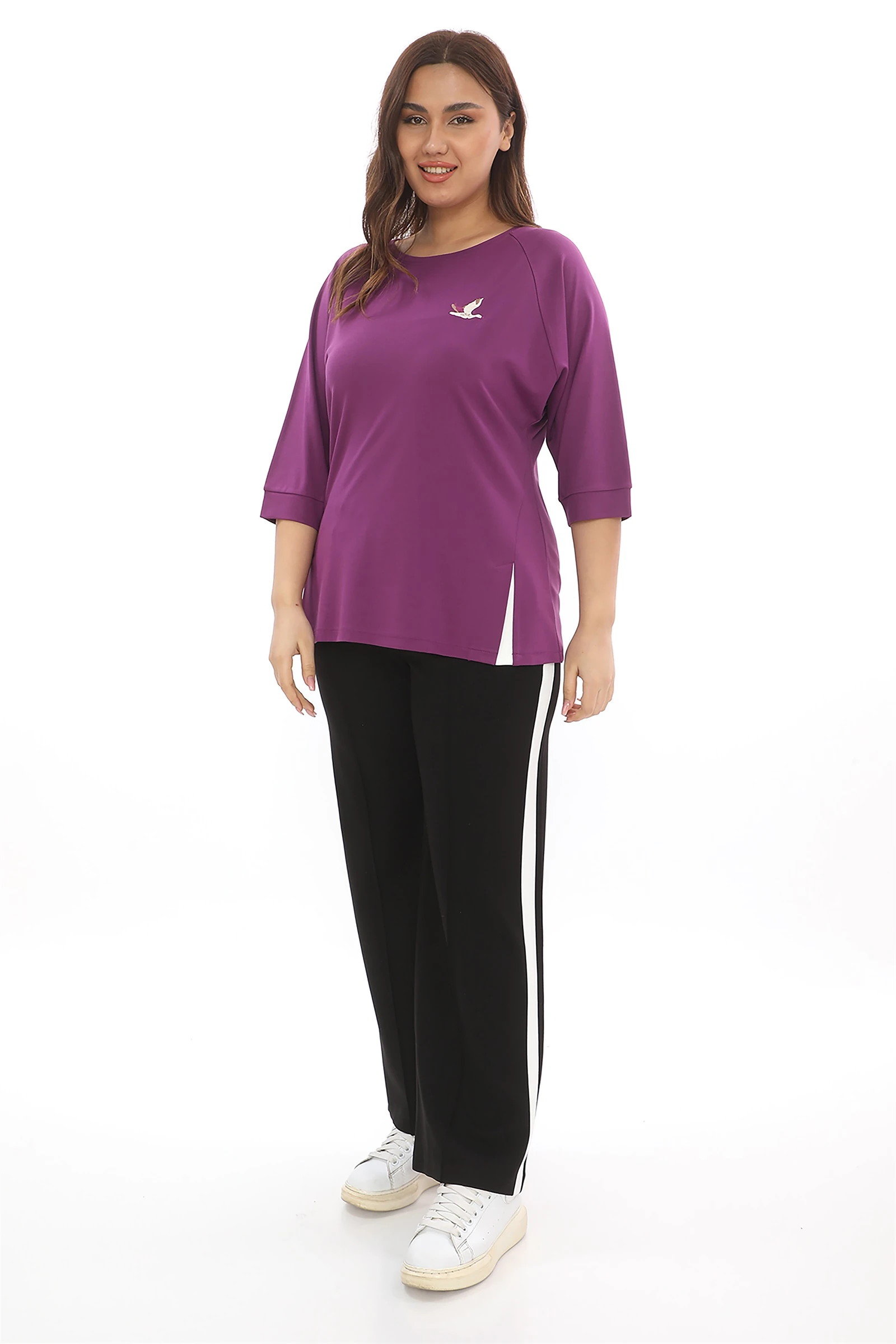 Sezonluk Kuş Nakışlı İpli 2Li Eşofman Takım - Mor