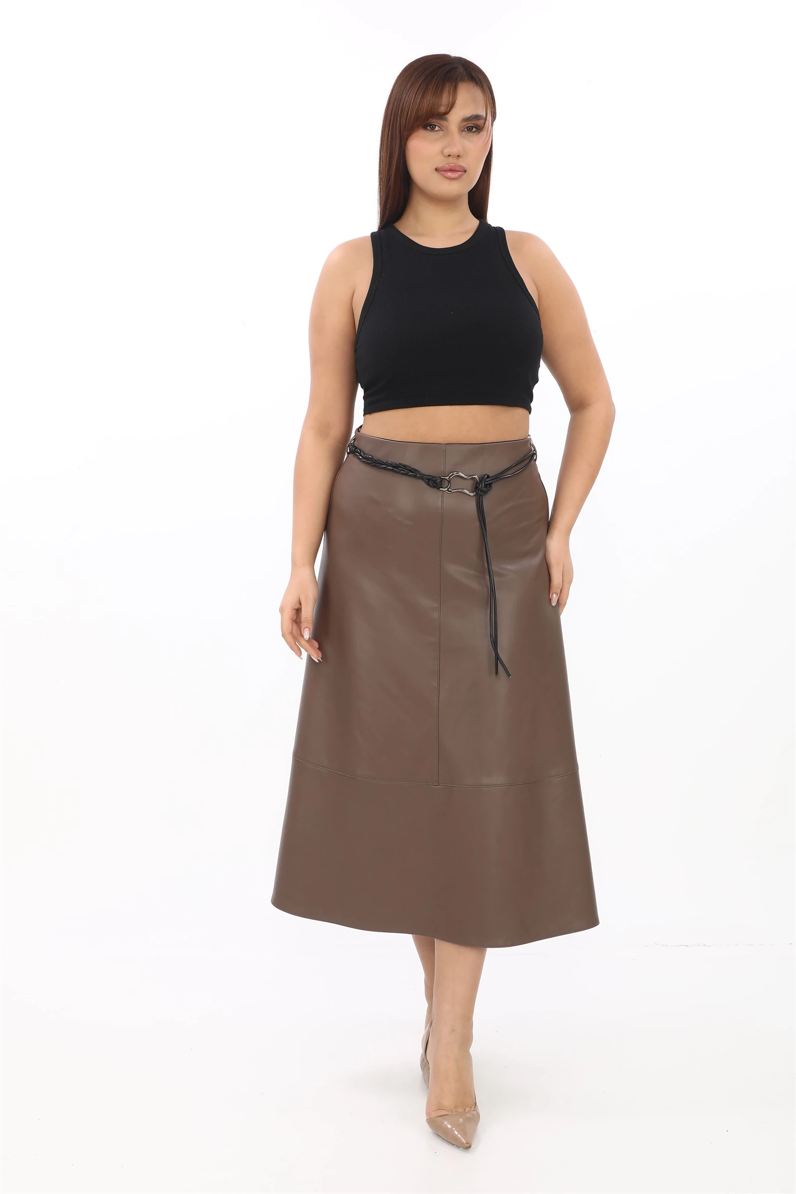 Kışlık Kemerli Suni Deri Etek - Vizon