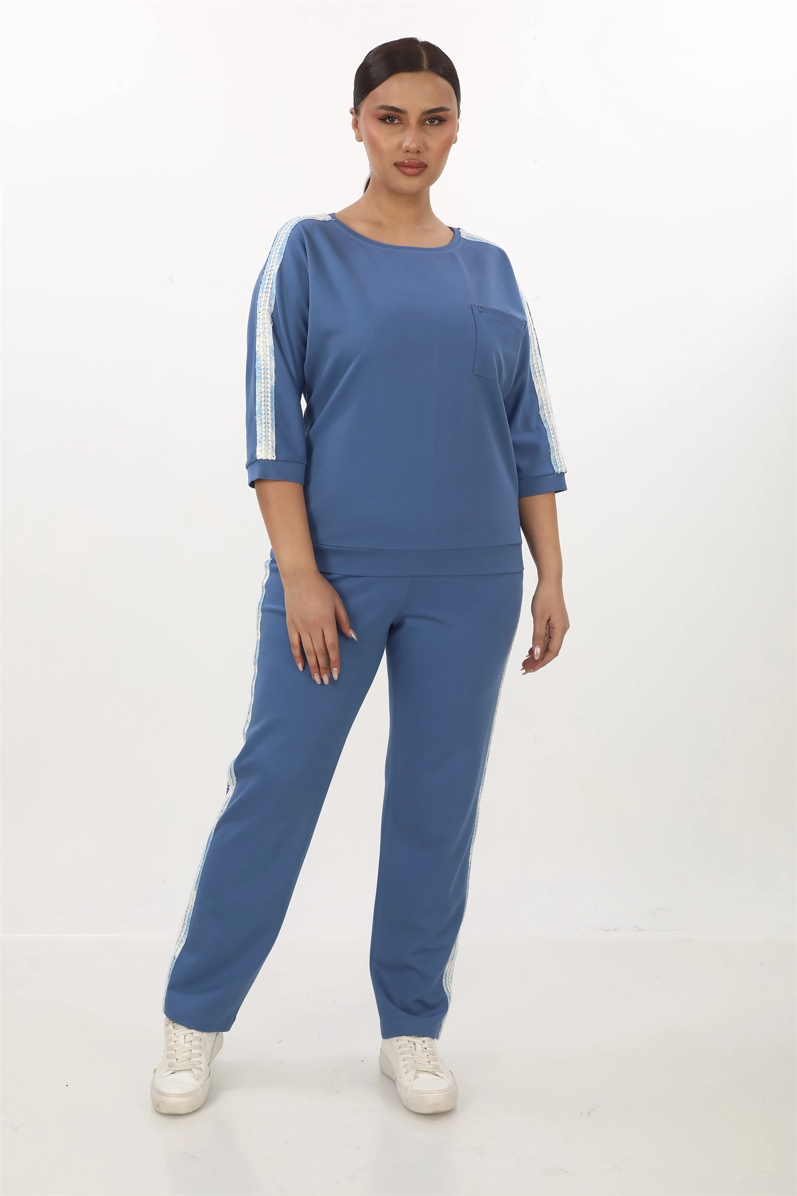 Sezonluk Yan Kısımları Şeritli Beli Lastikli Eşofman Takım - İndigo