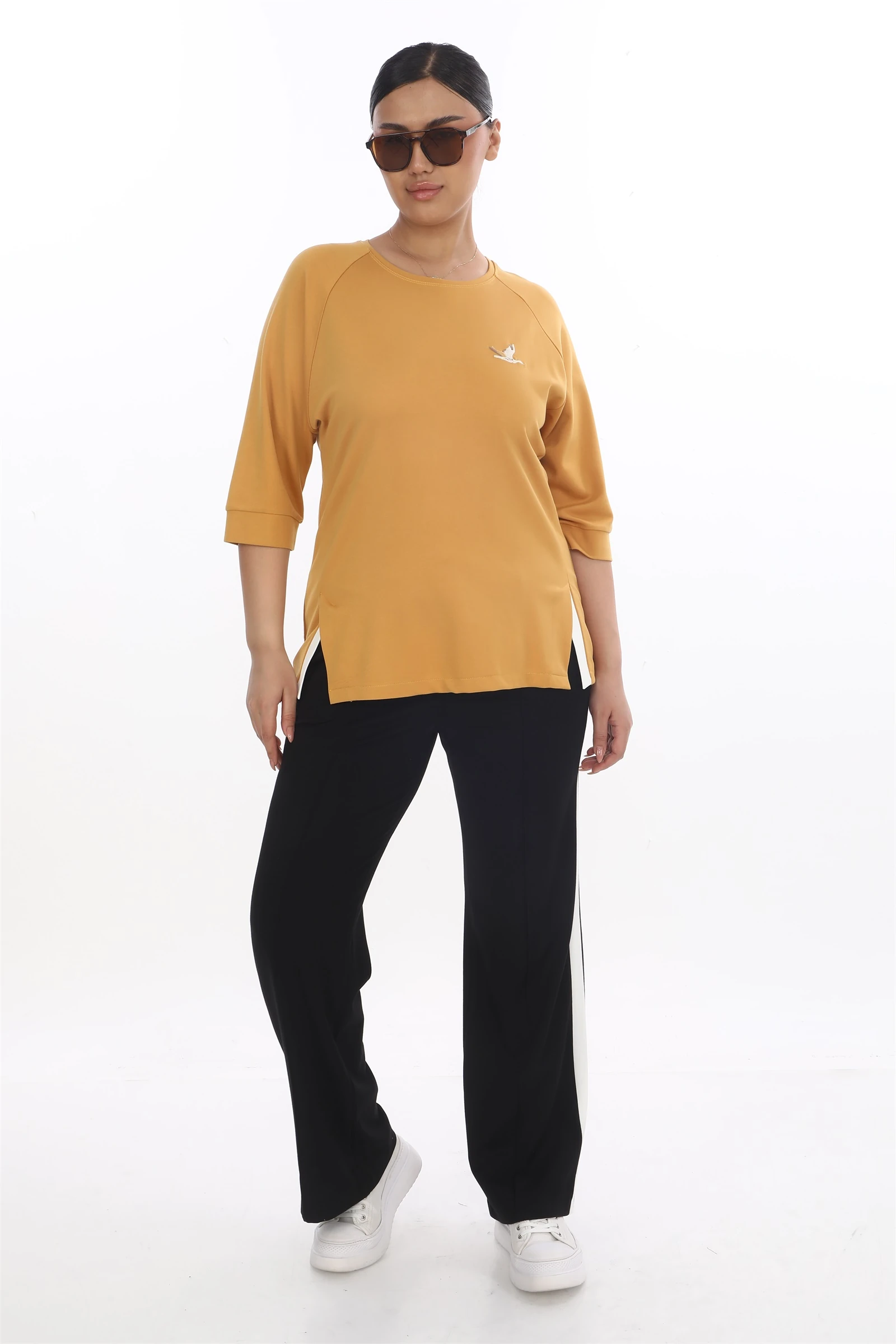 Sezonluk Kuş Nakışlı İpli 2Li Eşofman Takım - Hardal