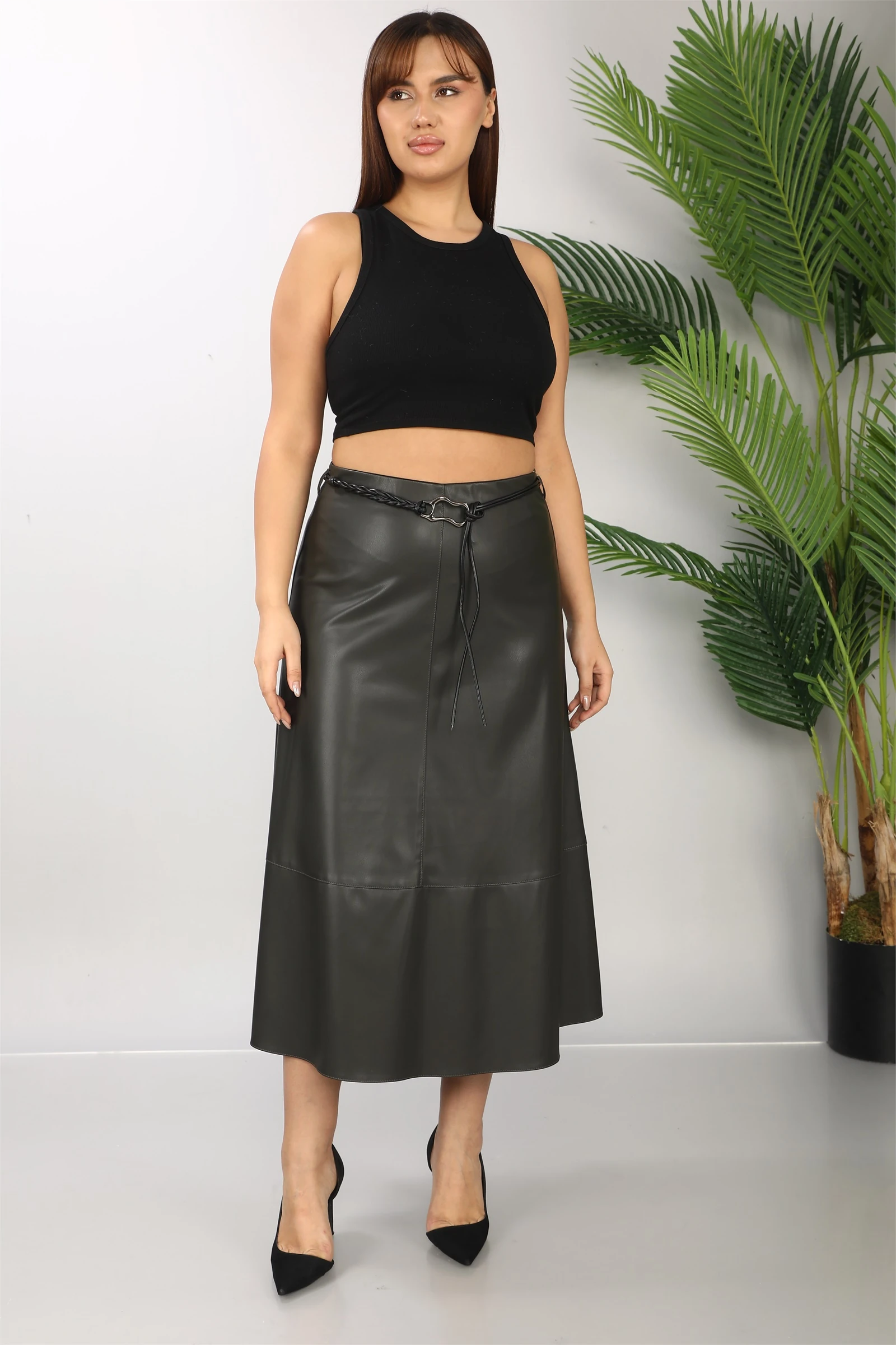 Kışlık Kemerli Suni Deri Etek - Haki