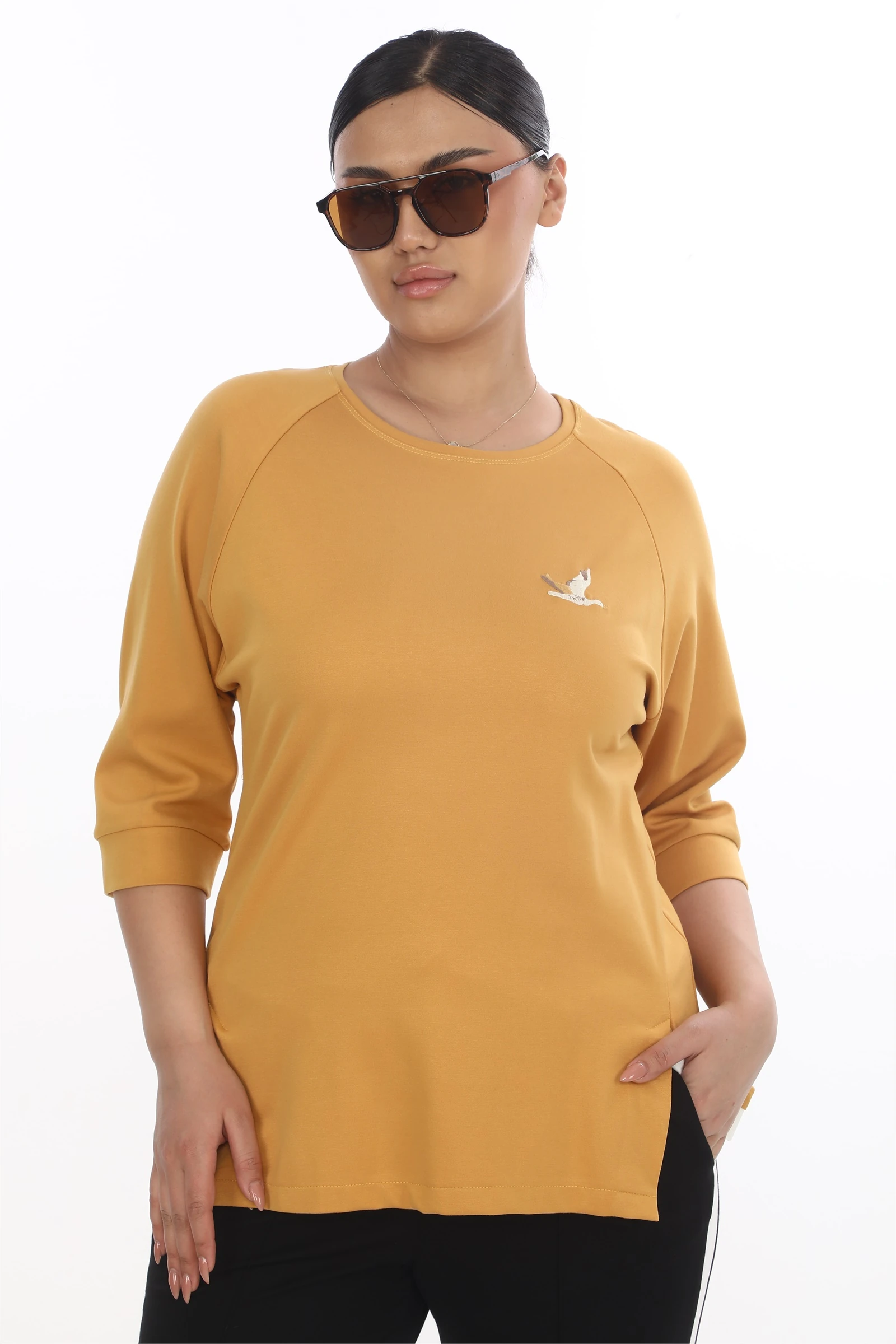 Sezonluk Kuş Nakışlı İpli 2Li Eşofman Takım - Hardal