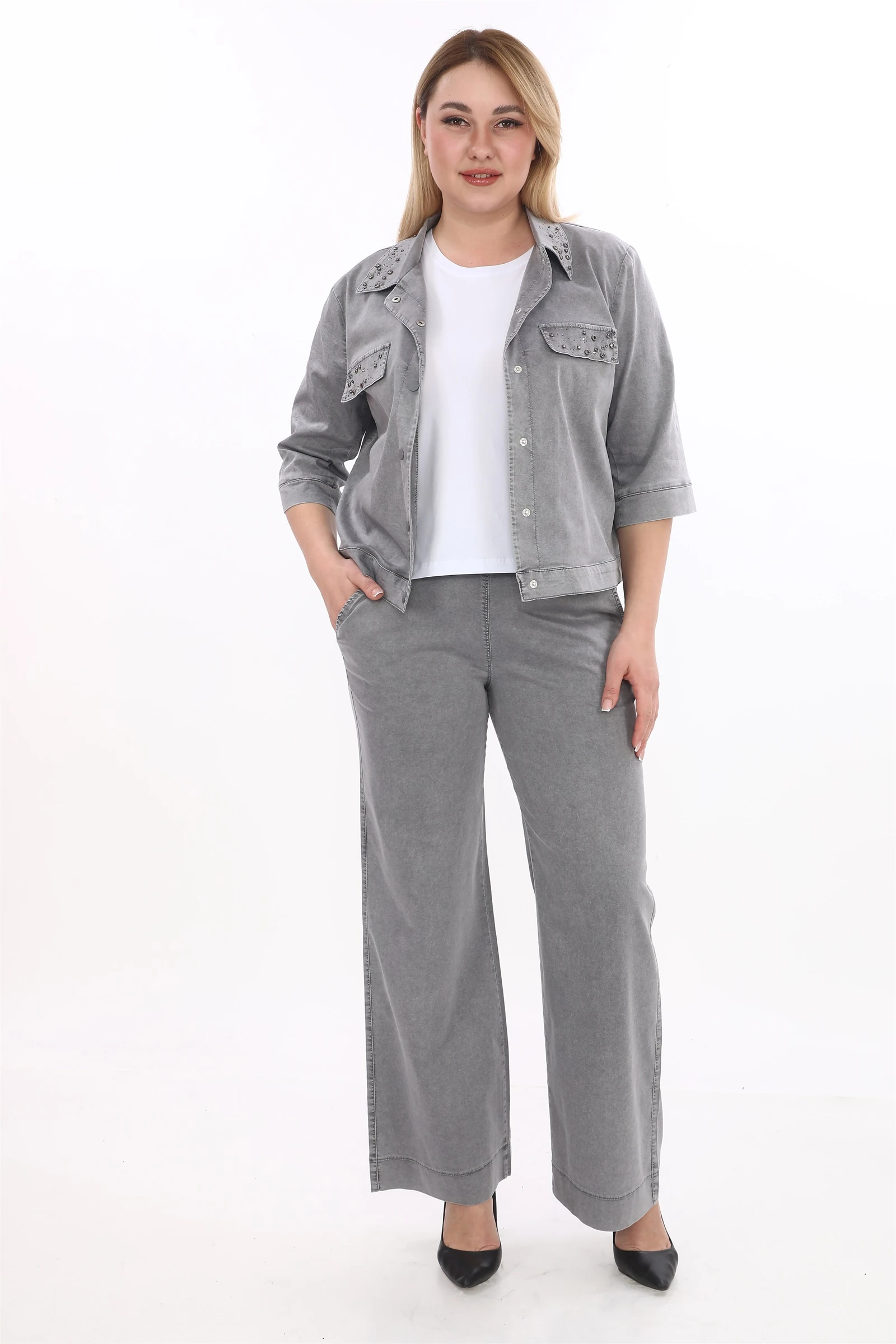 Yazlık Ceketi Çıt Çıt'lı Taş İşlemeli 3'lü Takım - Füme