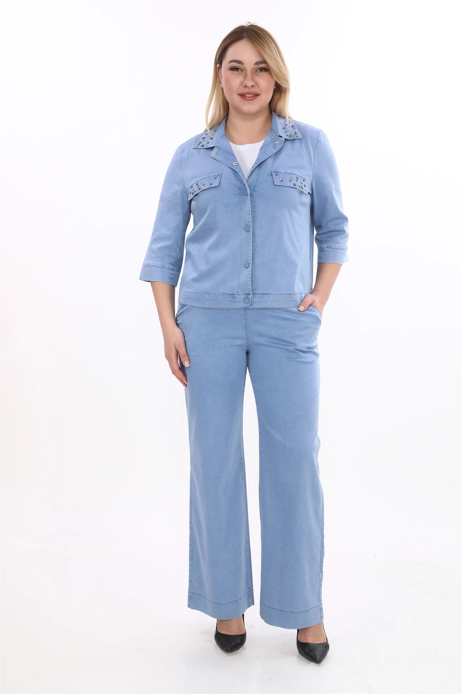 Yazlık Ceketi Çıt Çıt'lı Taş İşlemeli 3'lü Takım - İndigo