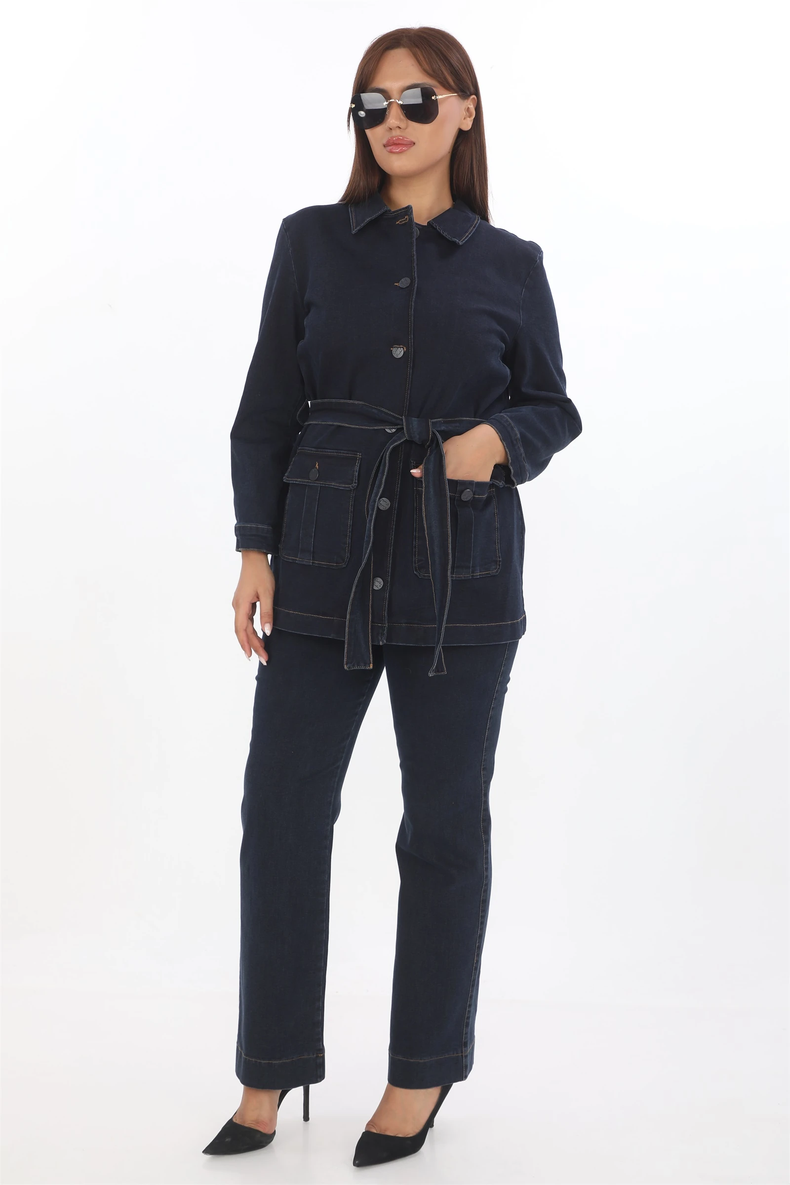 Sezonluk Kuşaklı Düğmeli Denim Ceket - Lacivert