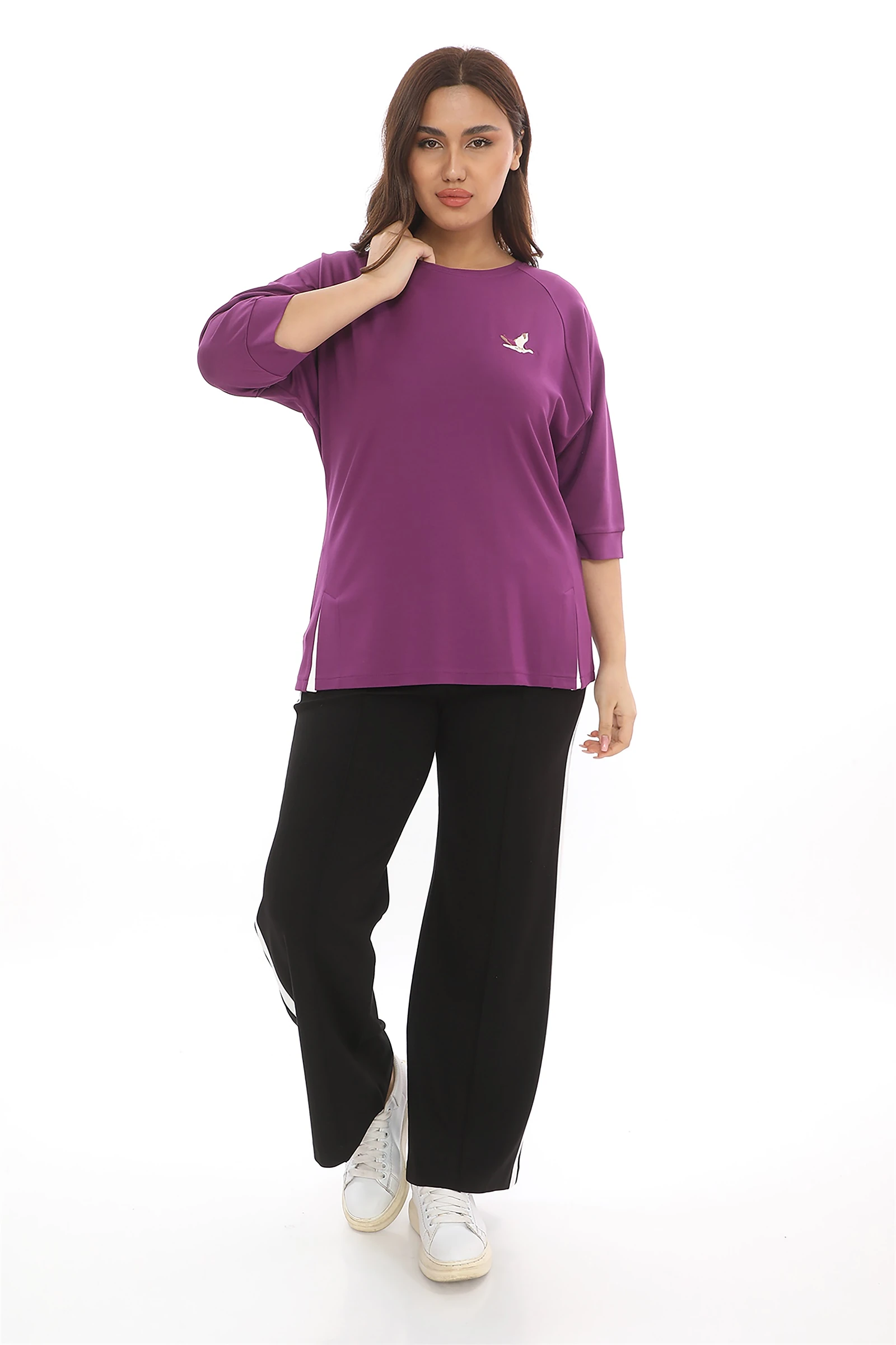 Sezonluk Kuş Nakışlı İpli 2Li Eşofman Takım - Mor