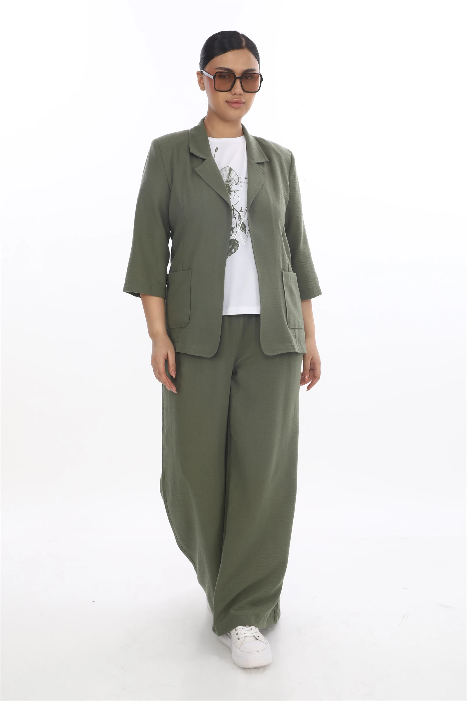 Yazlık Beli Lastikli Bol Paçalı T-Shirt'ü Baskılı 3'lü Keten Takım