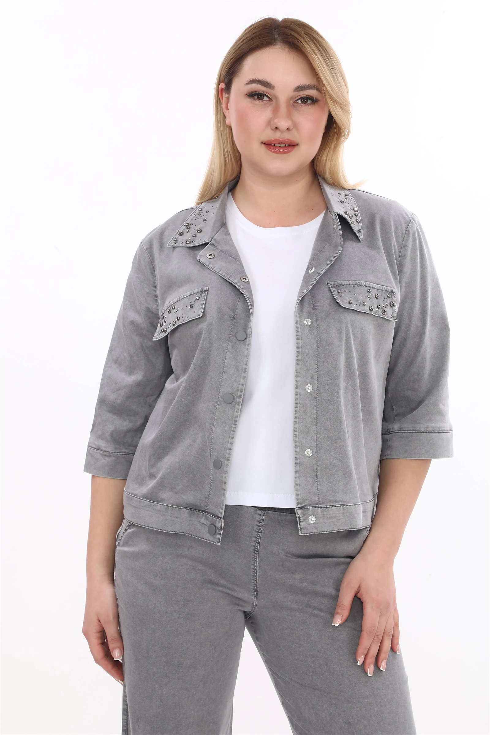 Yazlık Ceketi Çıt Çıt'lı Taş İşlemeli 3'lü Takım - Füme