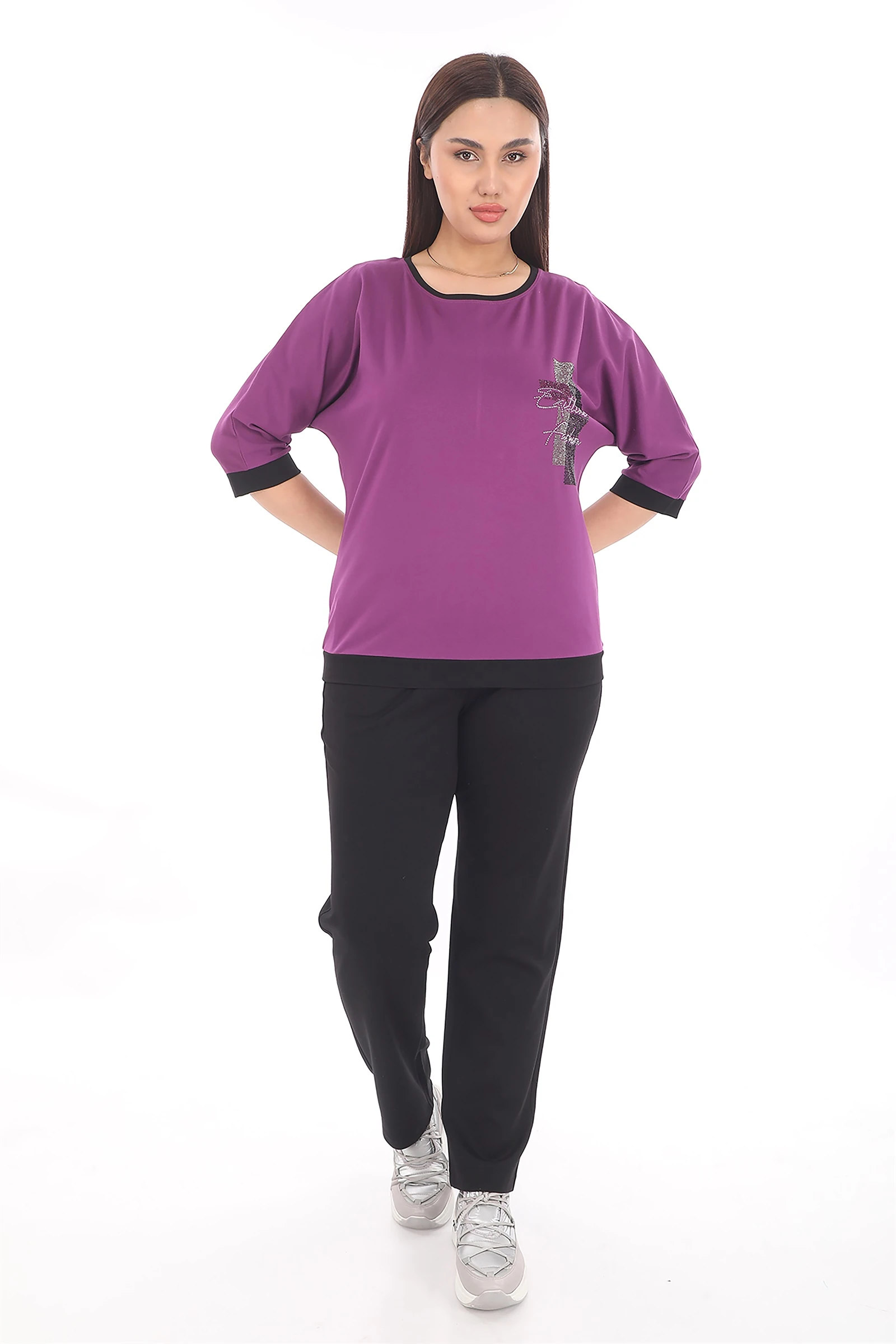 Yazlık Taşlı Beli Lastikli Eşofman Takım - Mor