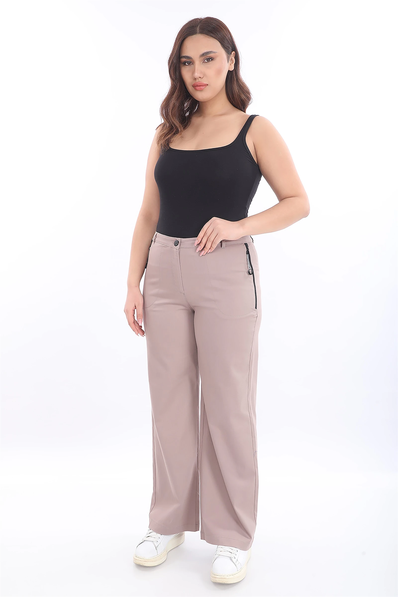 Yazlık Cepleri Fermuarlı Boru Paça Pantolon - Vizon